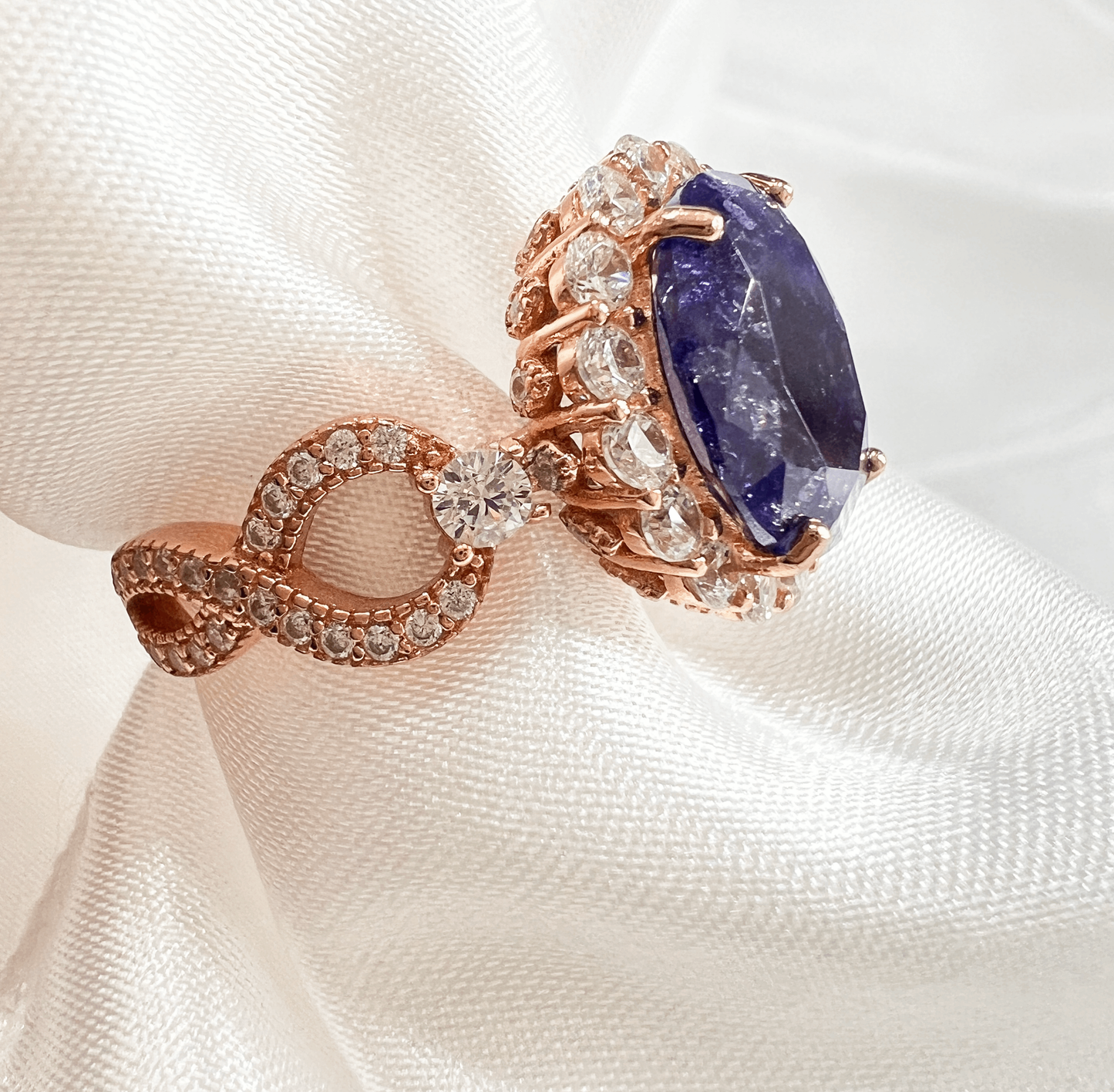 925 Sterling Silver Infinity Oval Cut Dark Amethyst Ice & Diamond CZ Ring on Rose Gold
