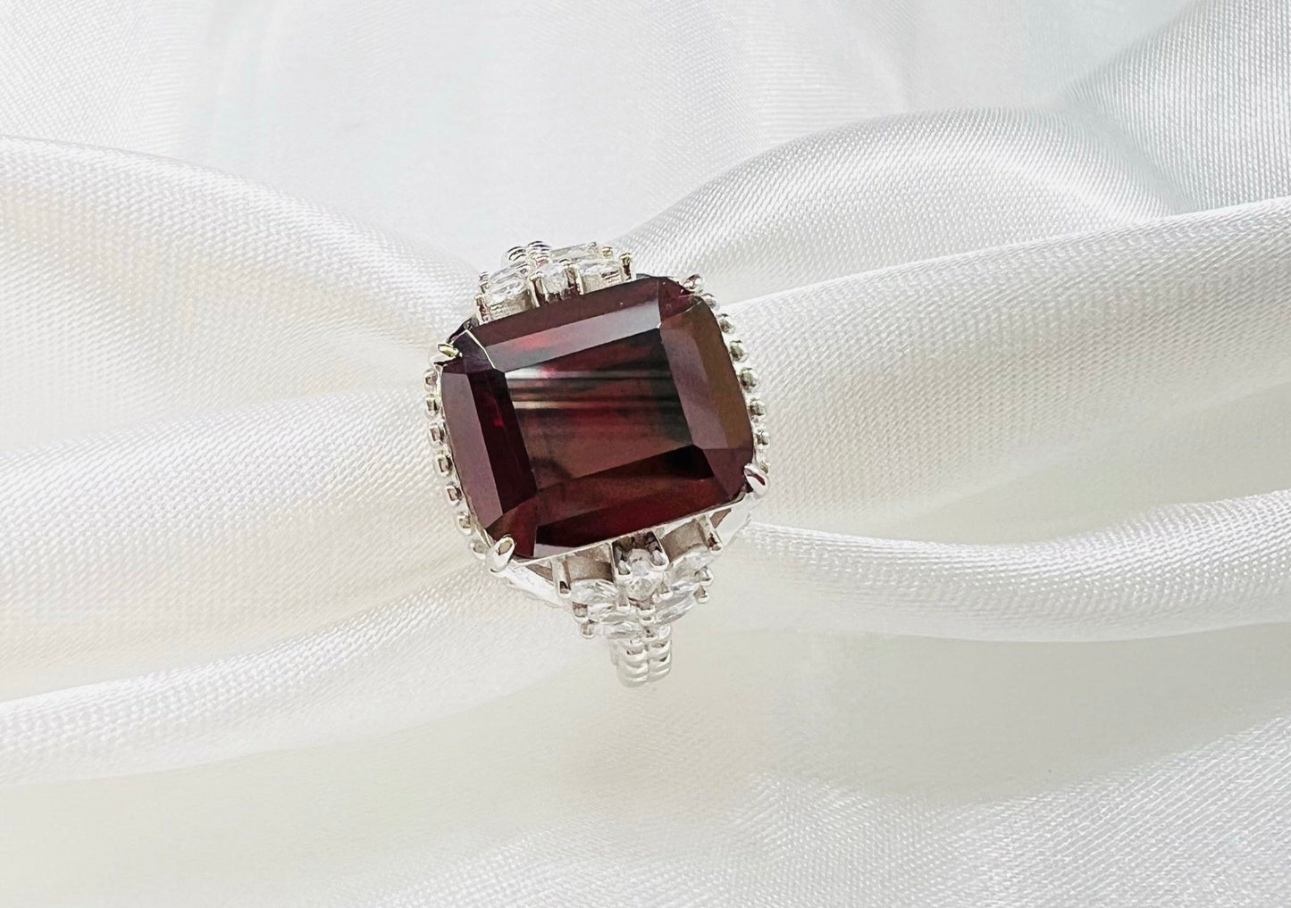 *PRE-ORDER - Emerald-Cut Garnet Red CZ Beaded Shank 925 Sterling Silver Ring