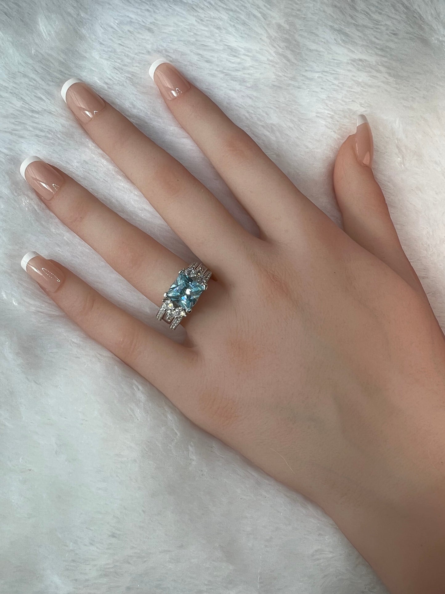 *PRE-ORDER - 925 Sterling Silver Princess Cut, Aquamarine Diamond CZ Tri-Band Ring (Choose your plating)