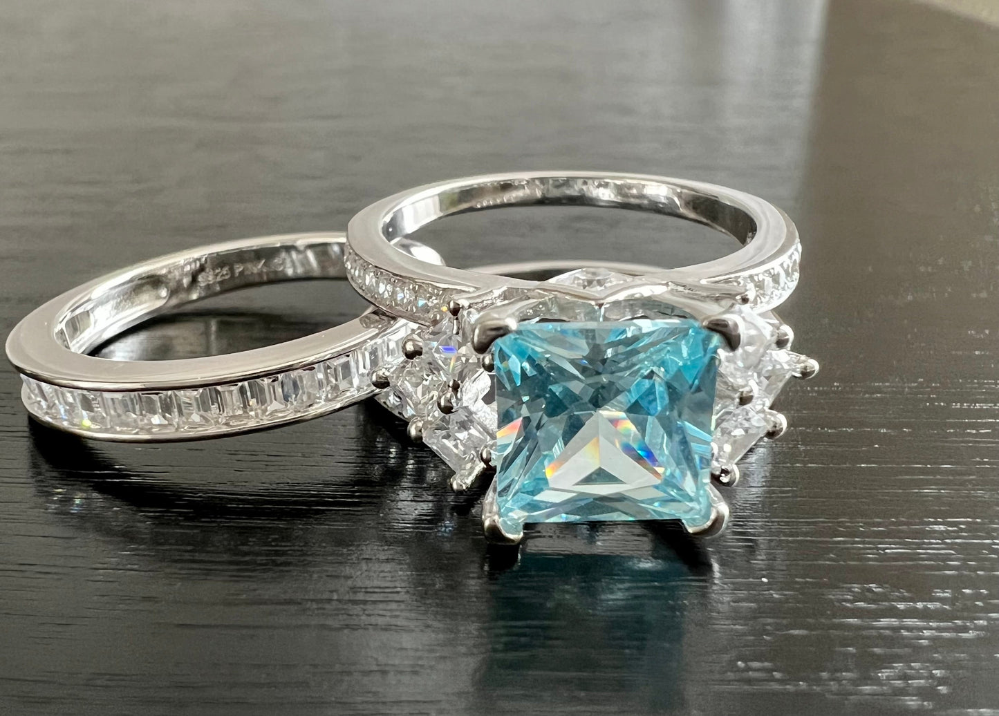 *PRE-ORDER - 925 Sterling Silver Princess Cut, Aquamarine Diamond CZ Tri-Band Ring