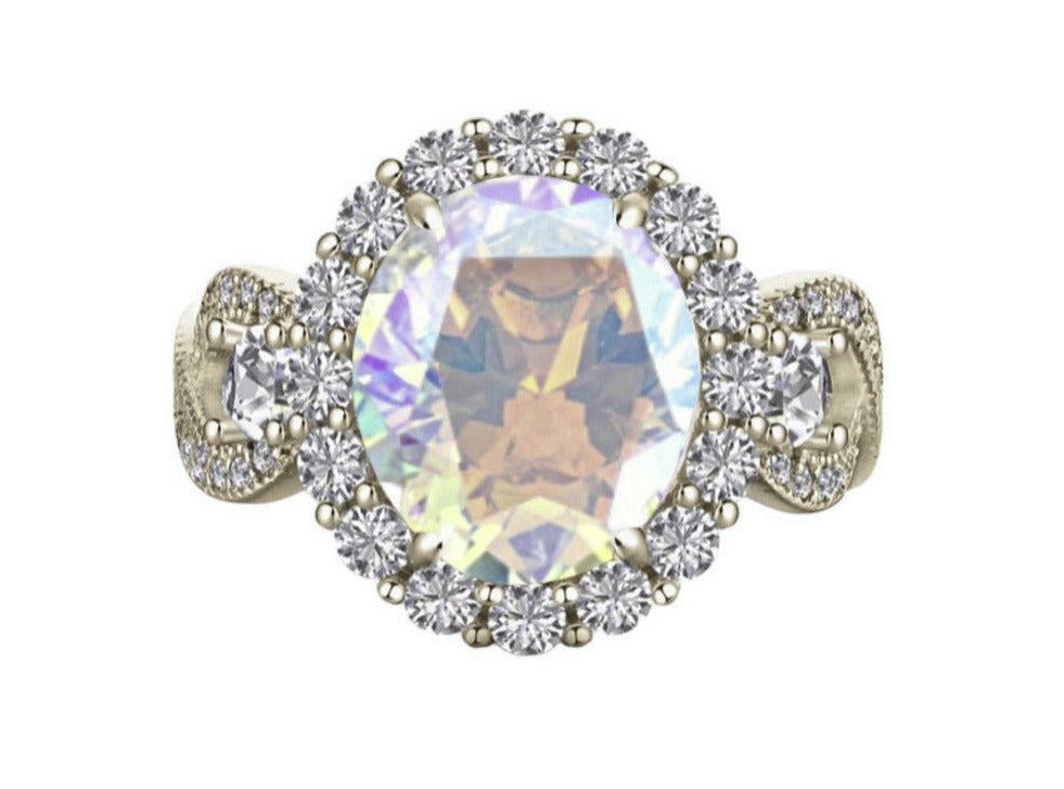 925 Sterling Silver Infinity Oval Cut Aurora Borealis CZ Ring on Rose Gold