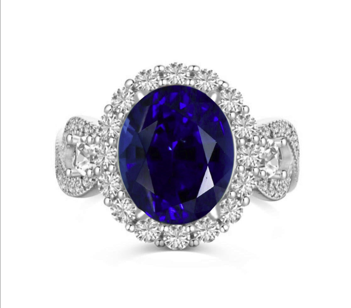 925 Sterling Silver Infinity Oval Cut Sapphire Blue CZ Ring