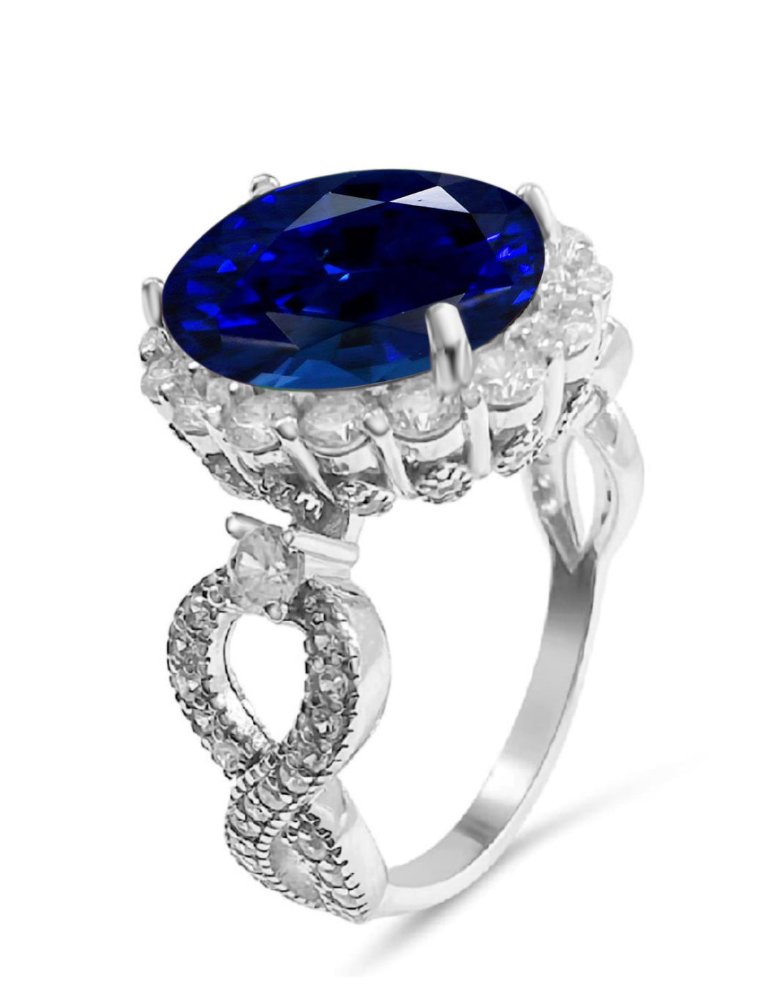 925 Sterling Silver Infinity Oval Cut Sapphire Blue CZ Ring