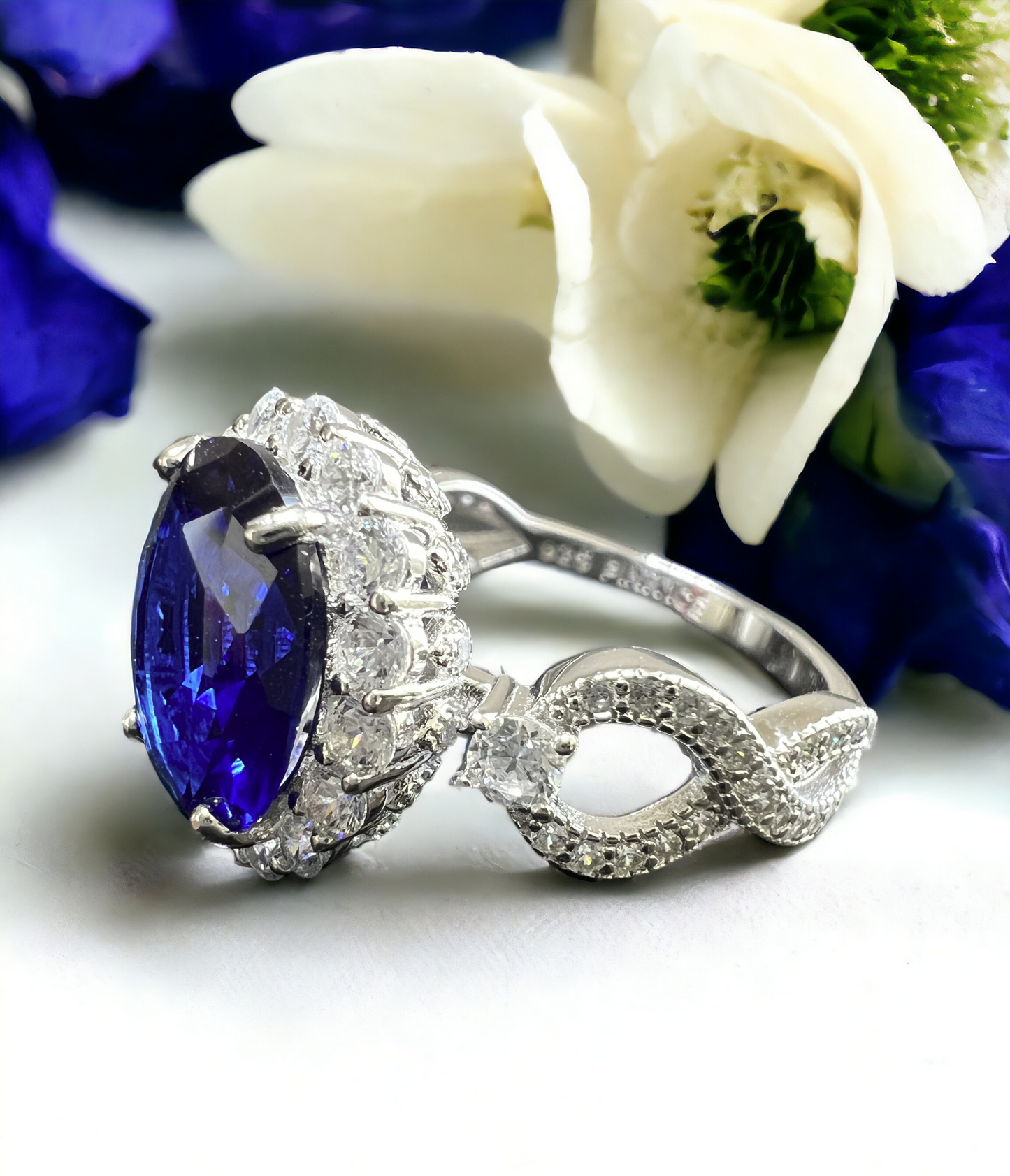 925 Sterling Silver Infinity Oval Cut Sapphire Blue CZ Ring