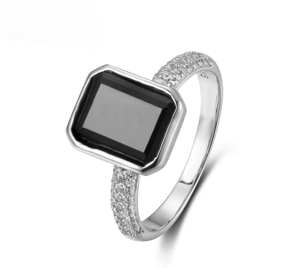 925 Sterling Silver Black Onyx Bezel Ring in Rhodium