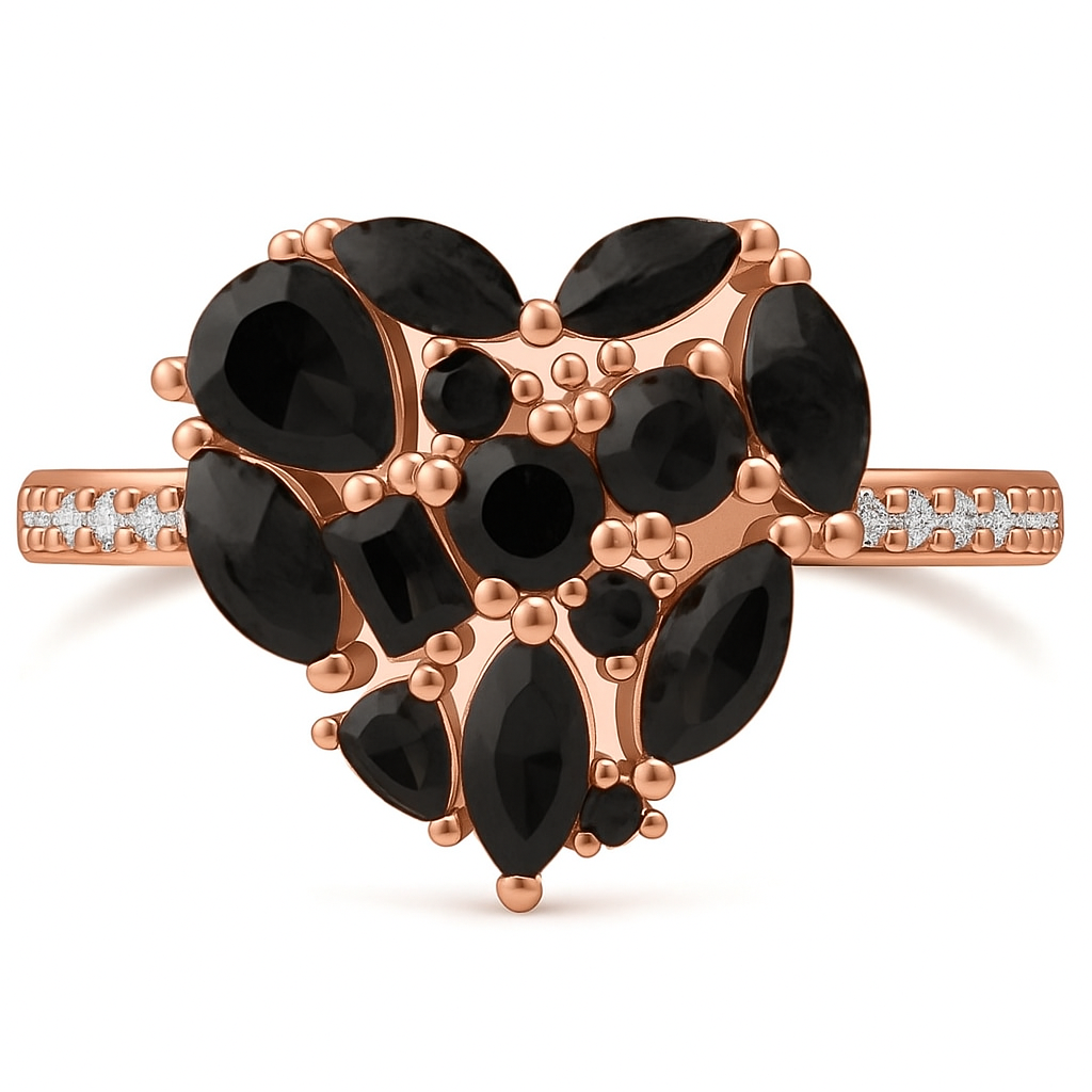 Pre-Order - 925 Sterling Silver Black Onyx Cluster Heart Ring (Choose your plating)
