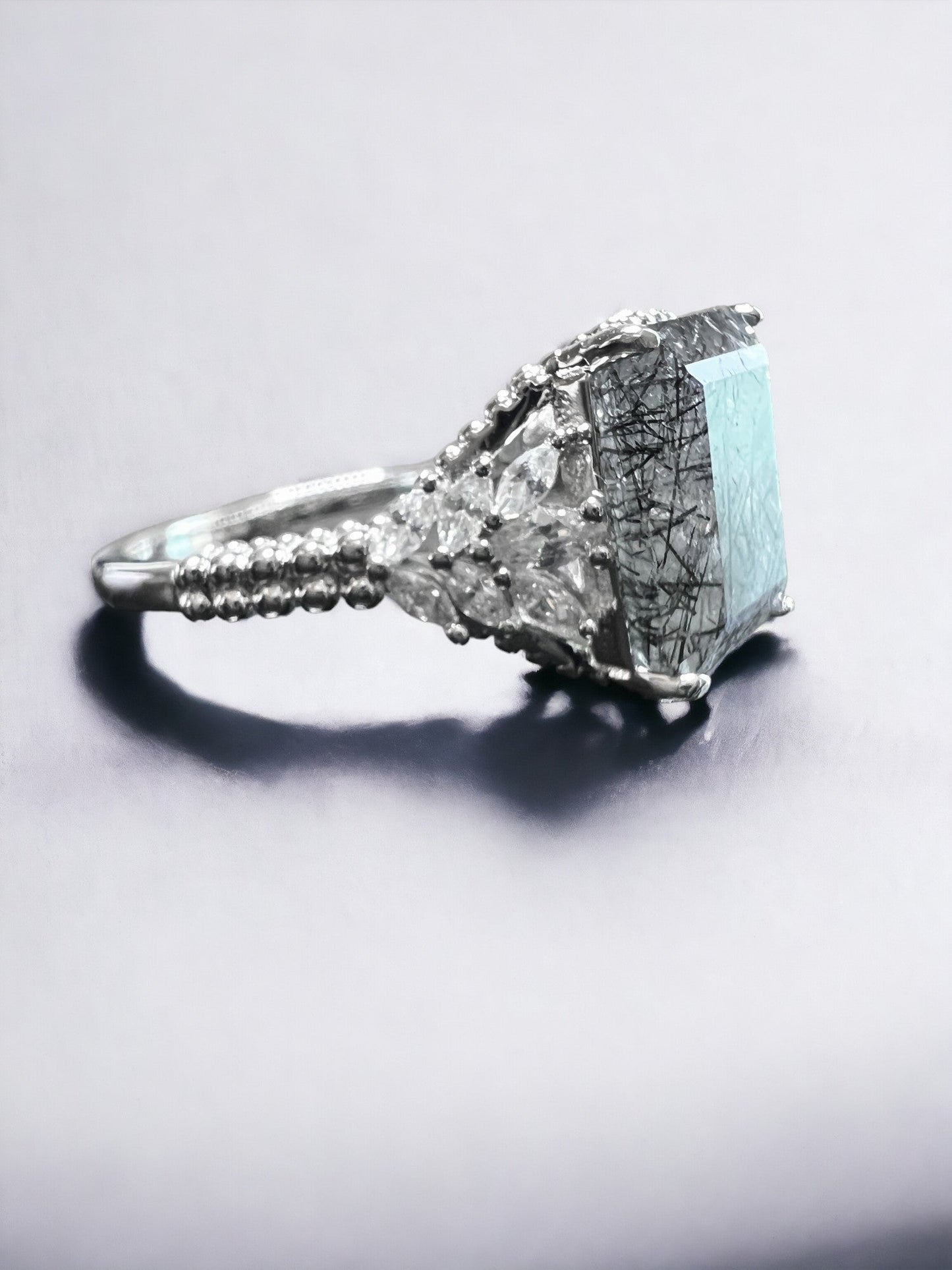 925 Sterling Silver Genuine Black Rutilated Quartz Beaded Shank Ring