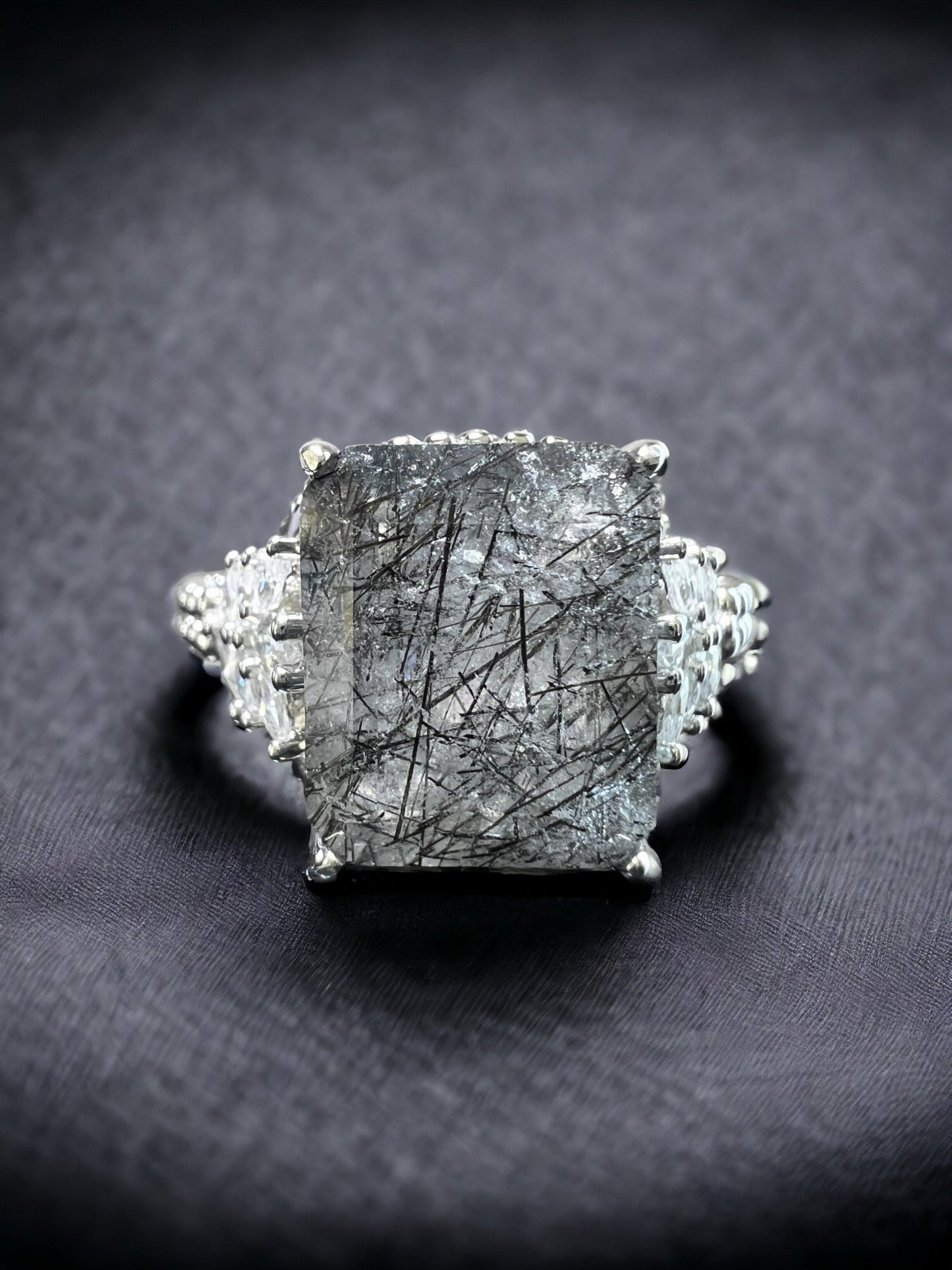 925 Sterling Silver Genuine Black Rutilated Quartz Beaded Shank Ring