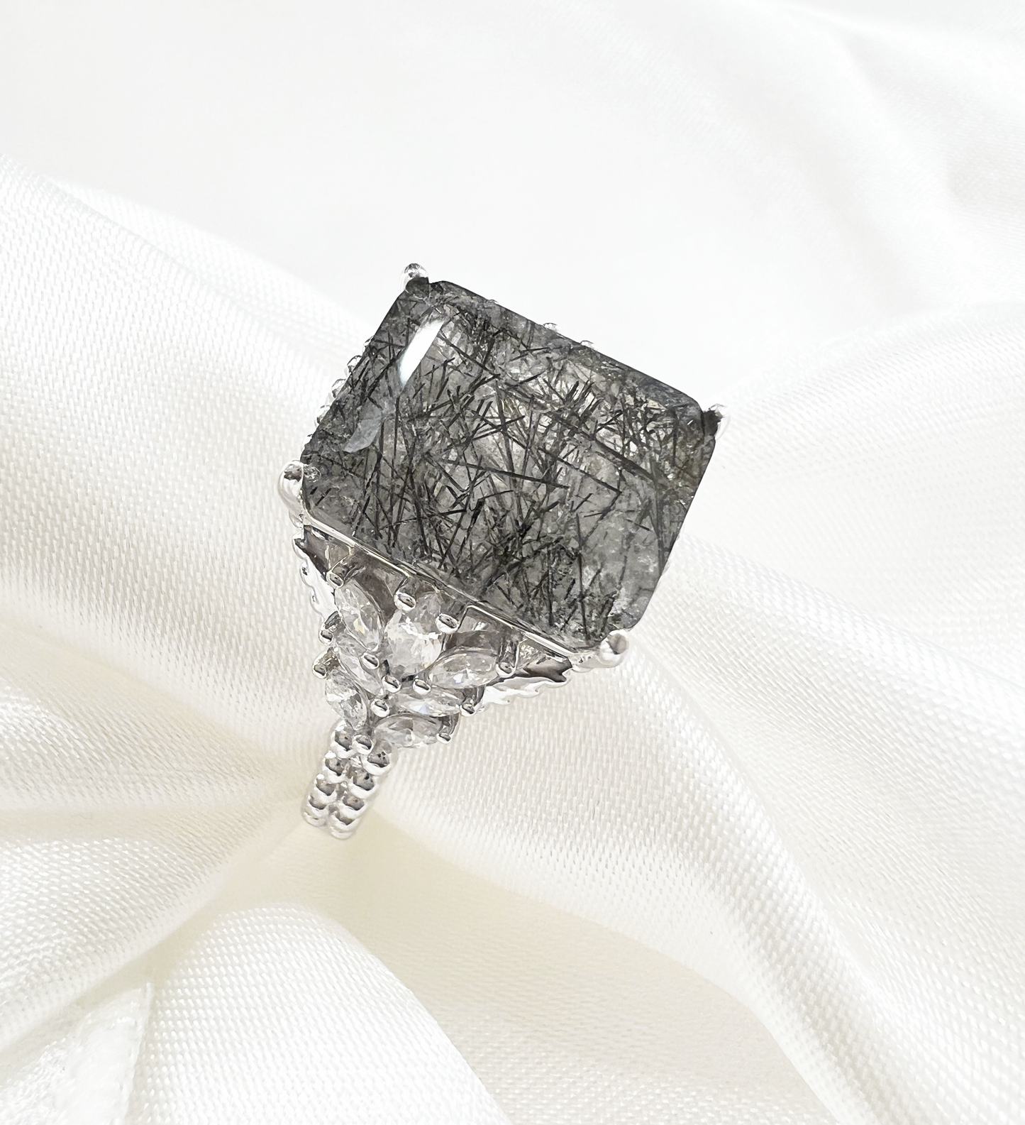 925 Sterling Silver Genuine Black Rutilated Quartz Beaded Shank Ring