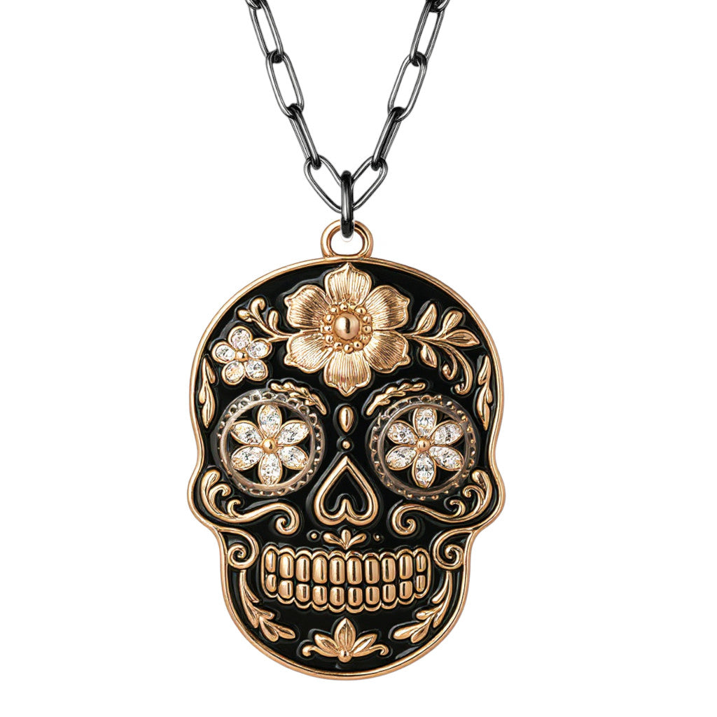 925 Sterling Silver Black & Rose Gold Sugar Skull Pendant Necklace