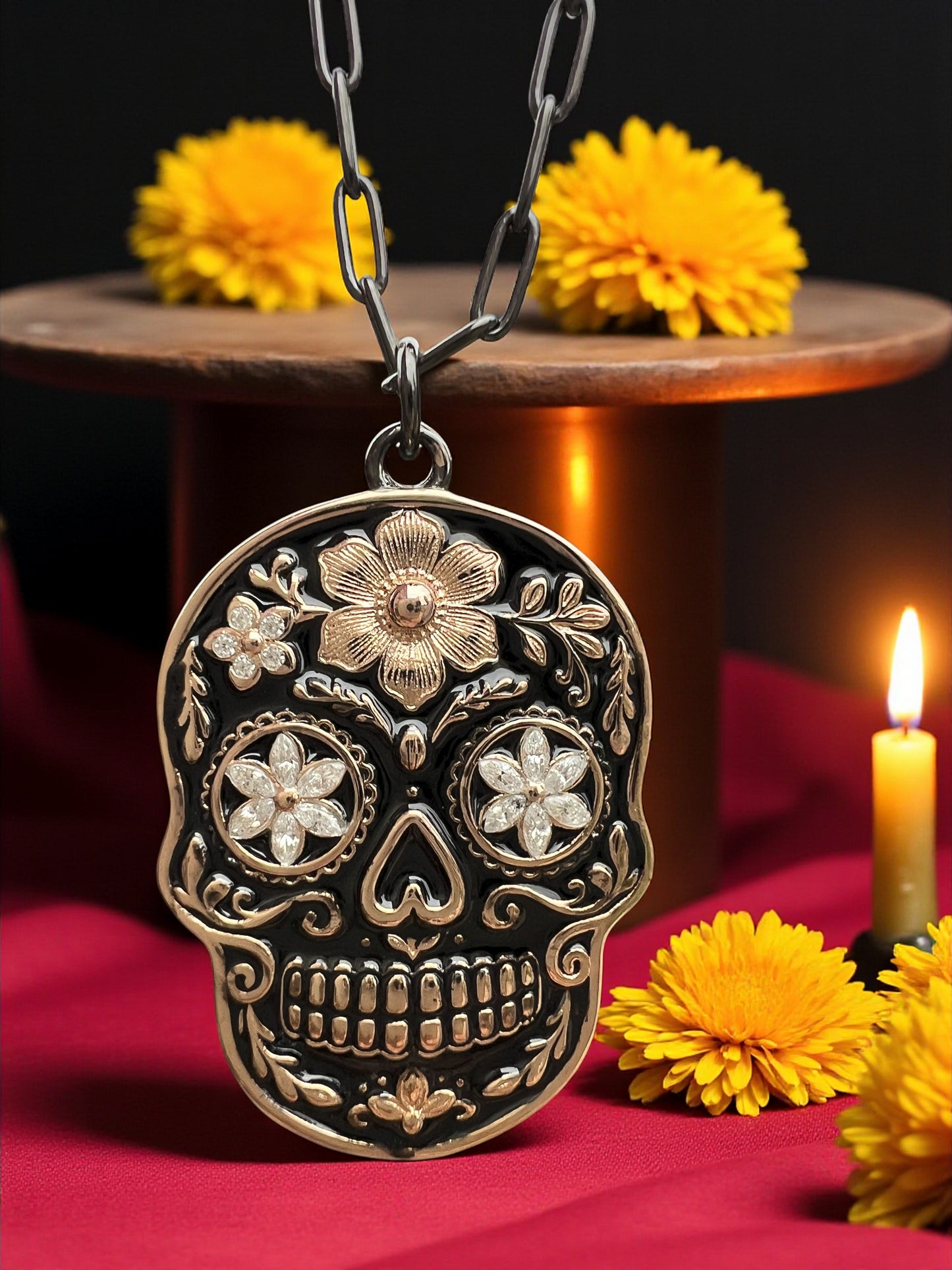 925 Sterling Silver Black & Rose Gold Sugar Skull Pendant Necklace