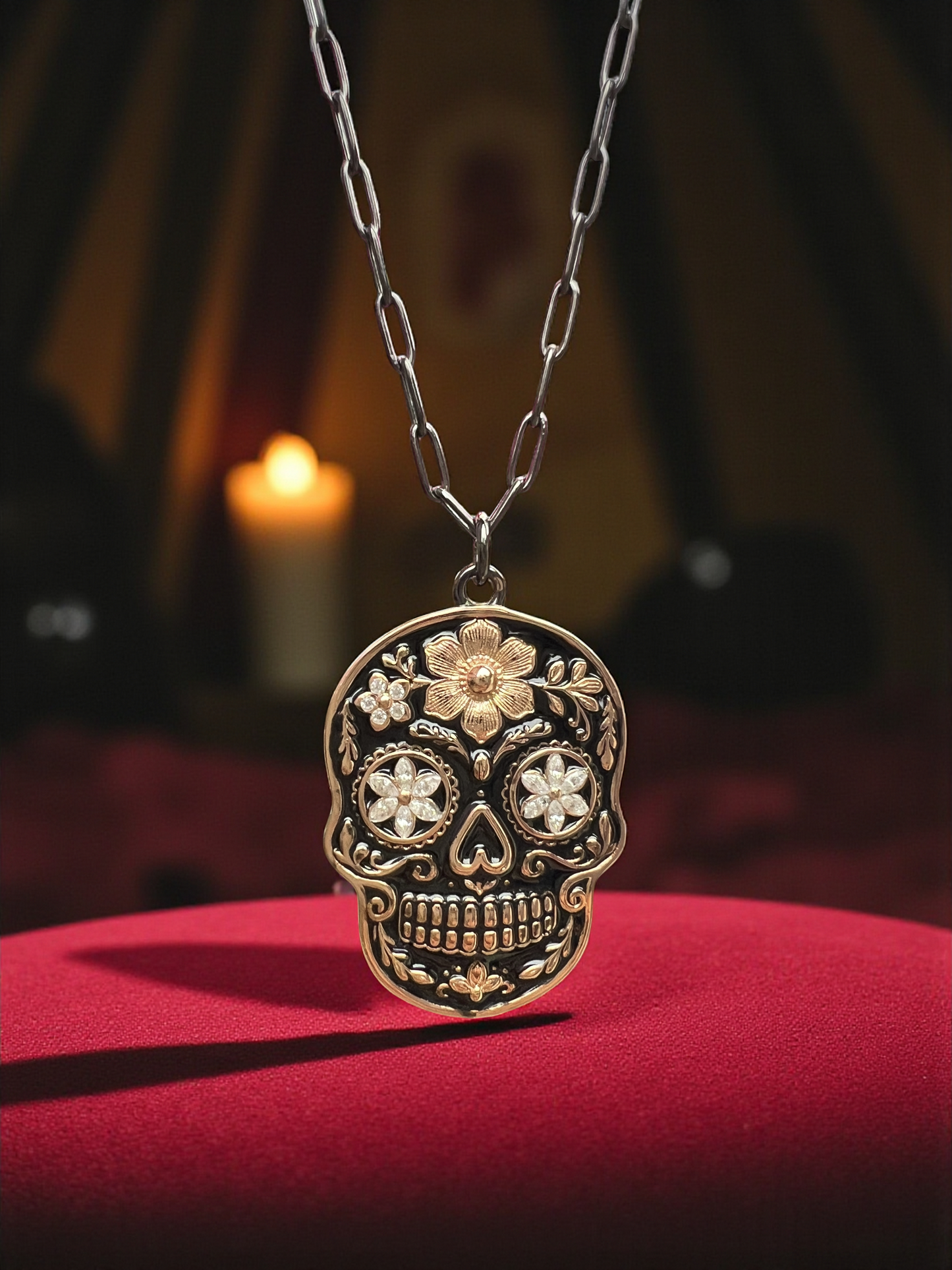 925 Sterling Silver Black & Rose Gold Sugar Skull Pendant Necklace