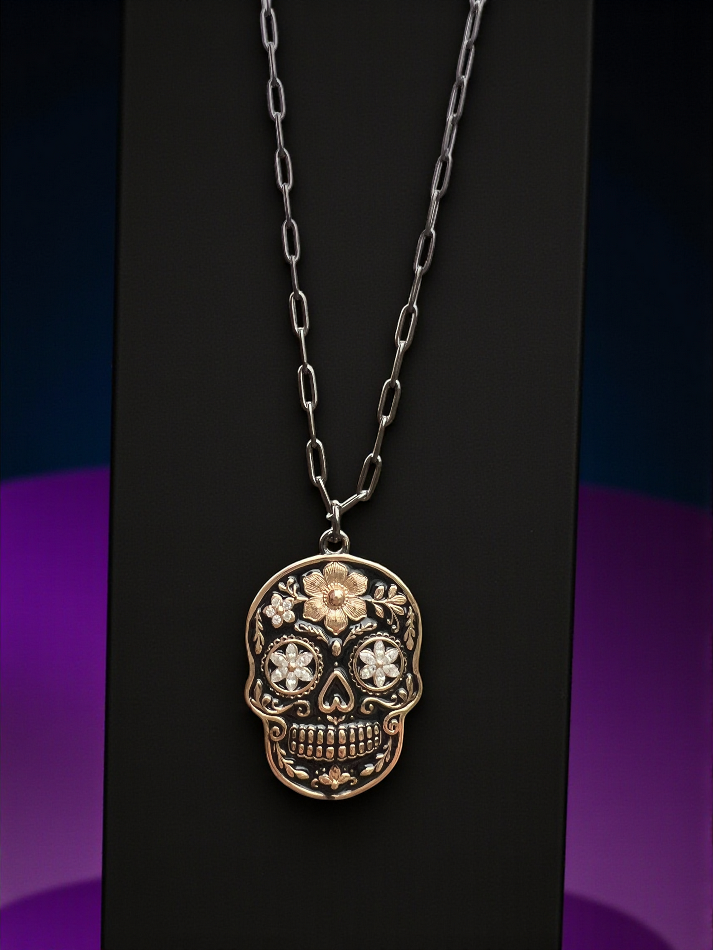 925 Sterling Silver Black & Rose Gold Sugar Skull Pendant Necklace