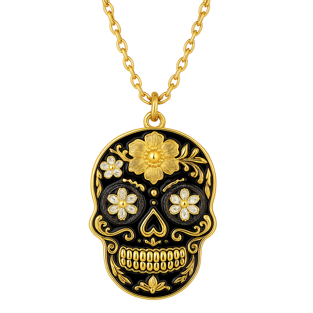 925 Sterling Silver Black & Yellow Gold Sugar Skull Pendant Necklace