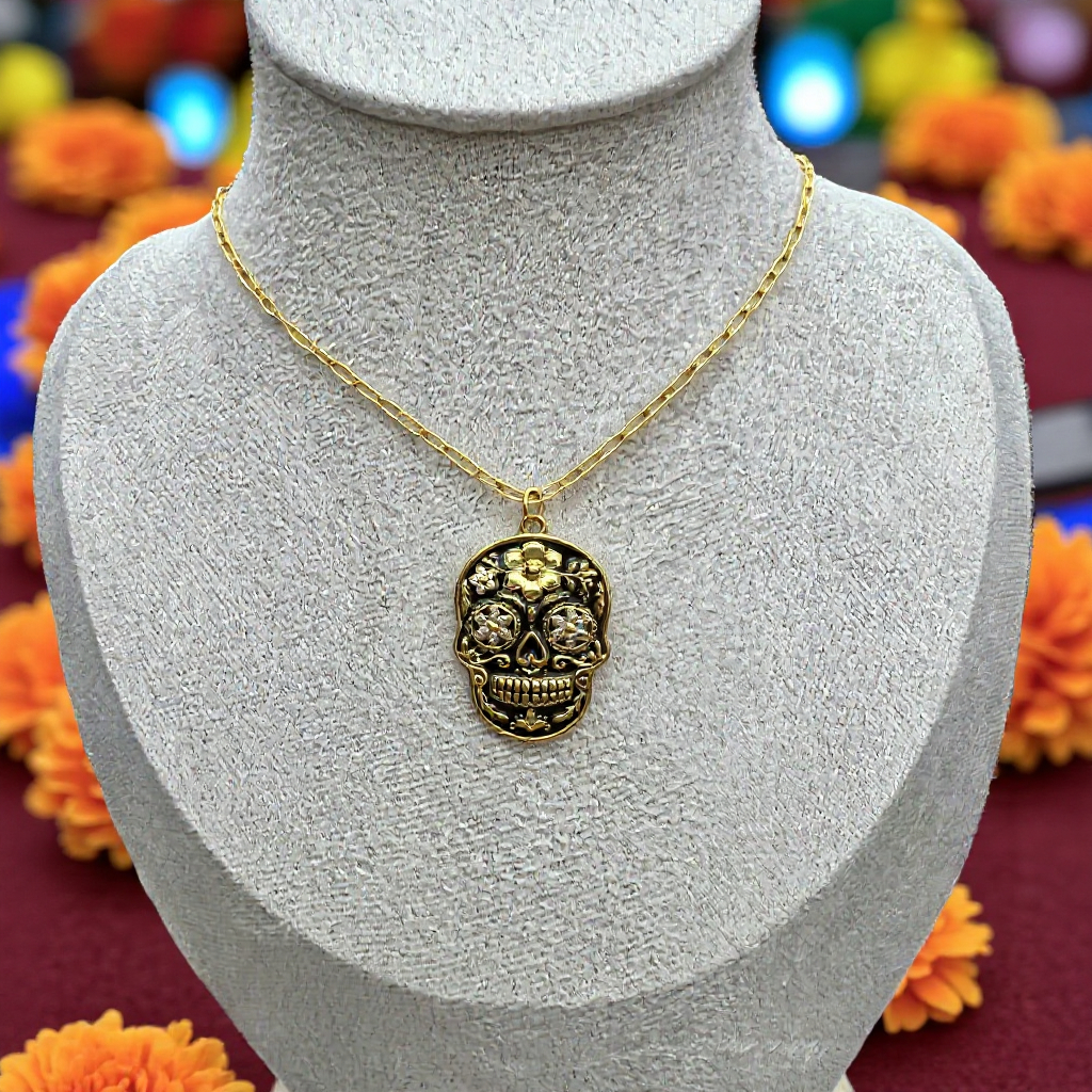 925 Sterling Silver Black & Yellow Gold Sugar Skull Pendant Necklace