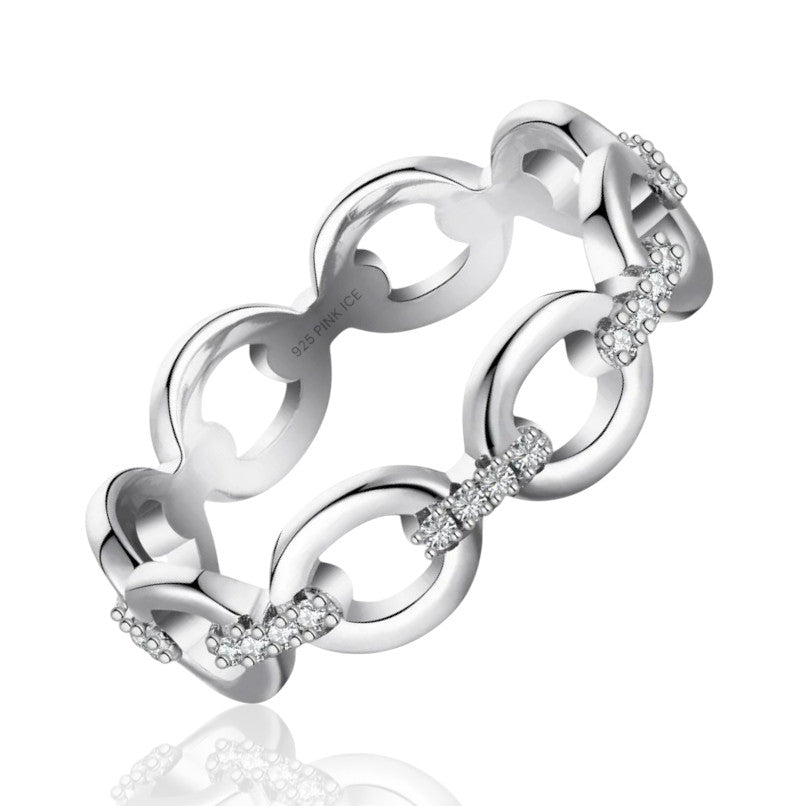 925 Sterling Silver Chain Link Diamond CZ Band (Rhodium or Rose Gold)