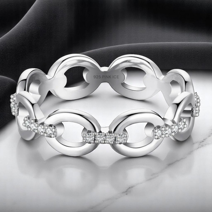 925 Sterling Silver Chain Link Diamond CZ Band (Rhodium or Rose Gold)