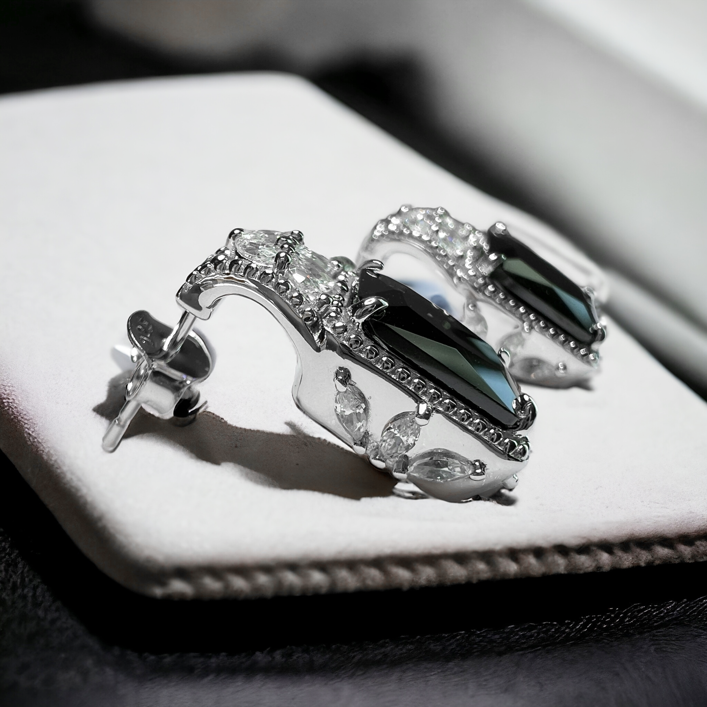 925 Sterling Silver Emerald-Cut Black Onyx Beaded Earrings
