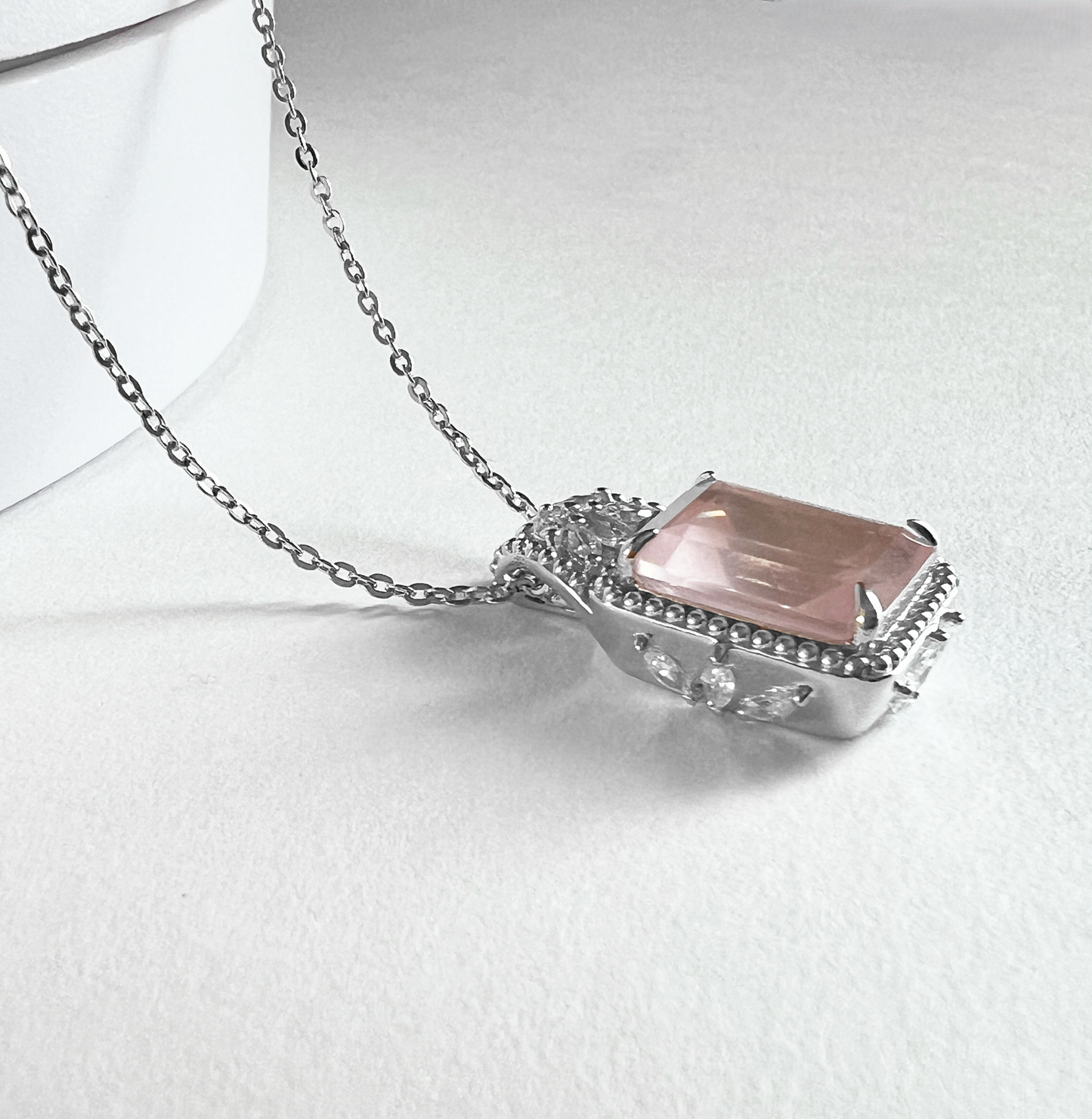 925 Sterling Silver Emerald-Cut Genuine Rose Quartz Beaded Pendant Necklace