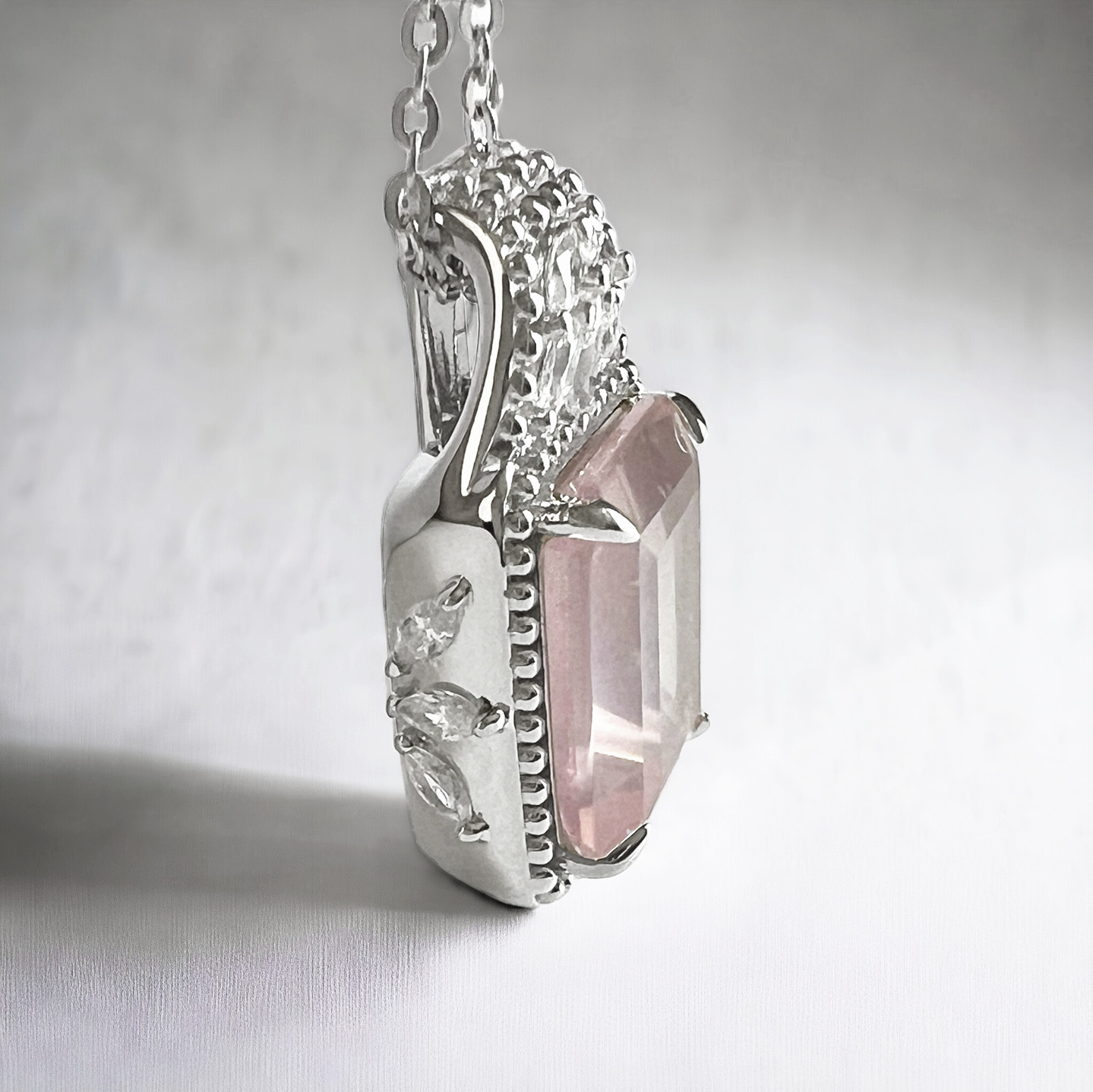 925 Sterling Silver Emerald-Cut Genuine Rose Quartz Beaded Pendant Necklace