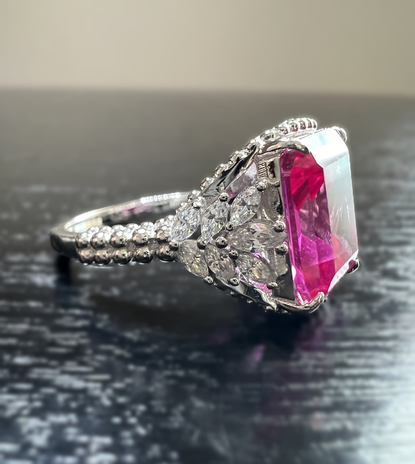 925 Sterling Silver Emerald-Cut Rose Corundum CZ Beaded Shank Ring