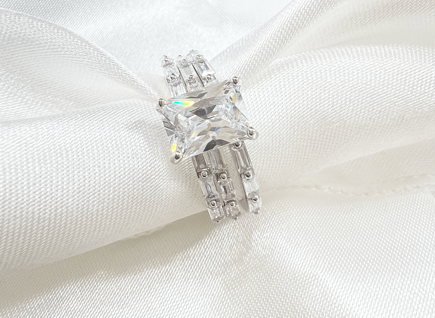 925 Sterling Silver Emerald Cut Diamond 3 Piece Stackable Ring Set
