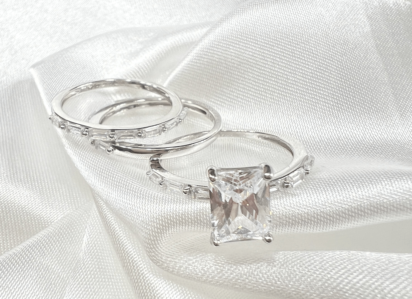 925 Sterling Silver Emerald Cut Diamond 3 Piece Stackable Ring Set