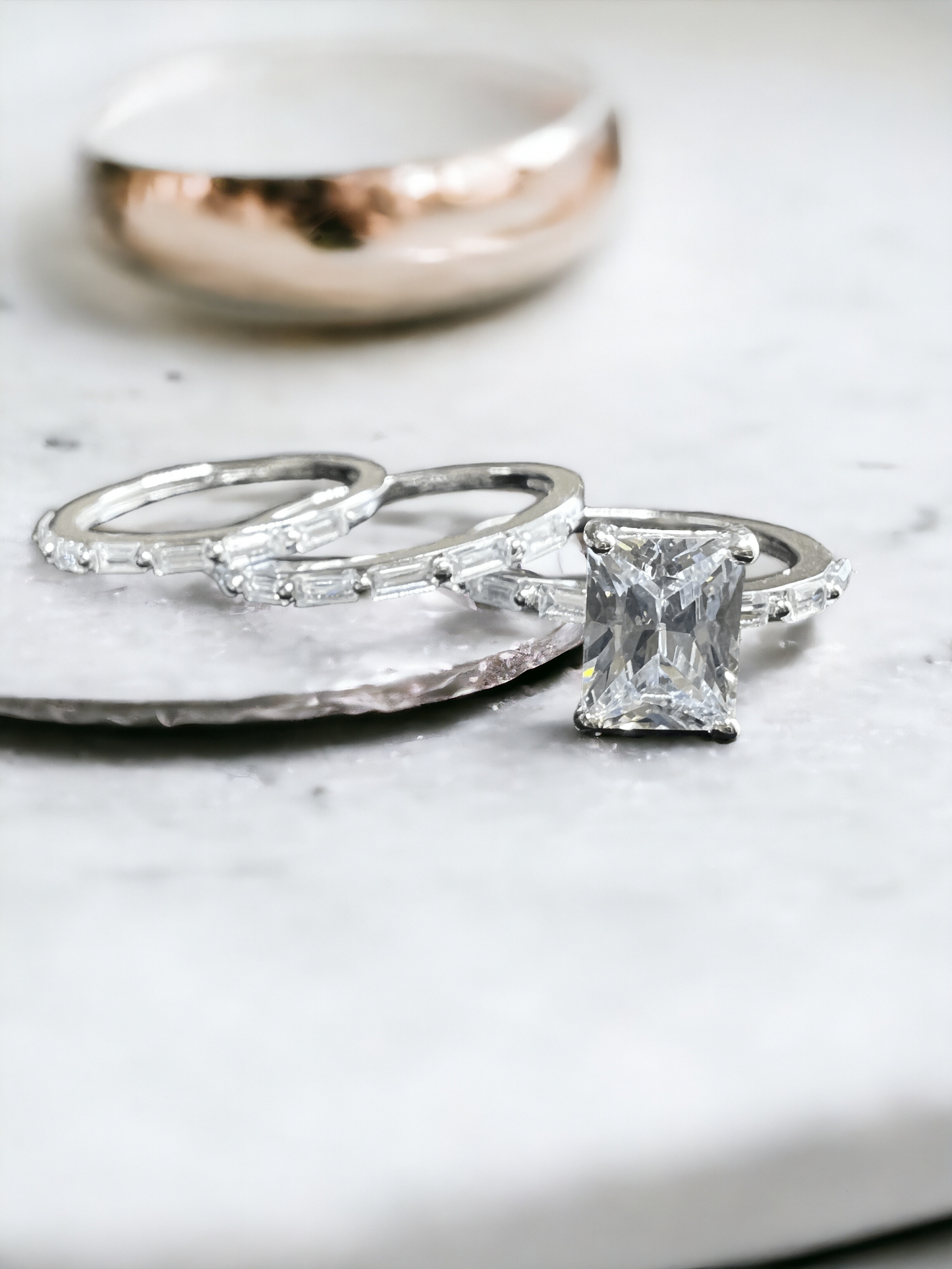 925 Sterling Silver Emerald Cut Diamond 3 Piece Stackable Ring Set