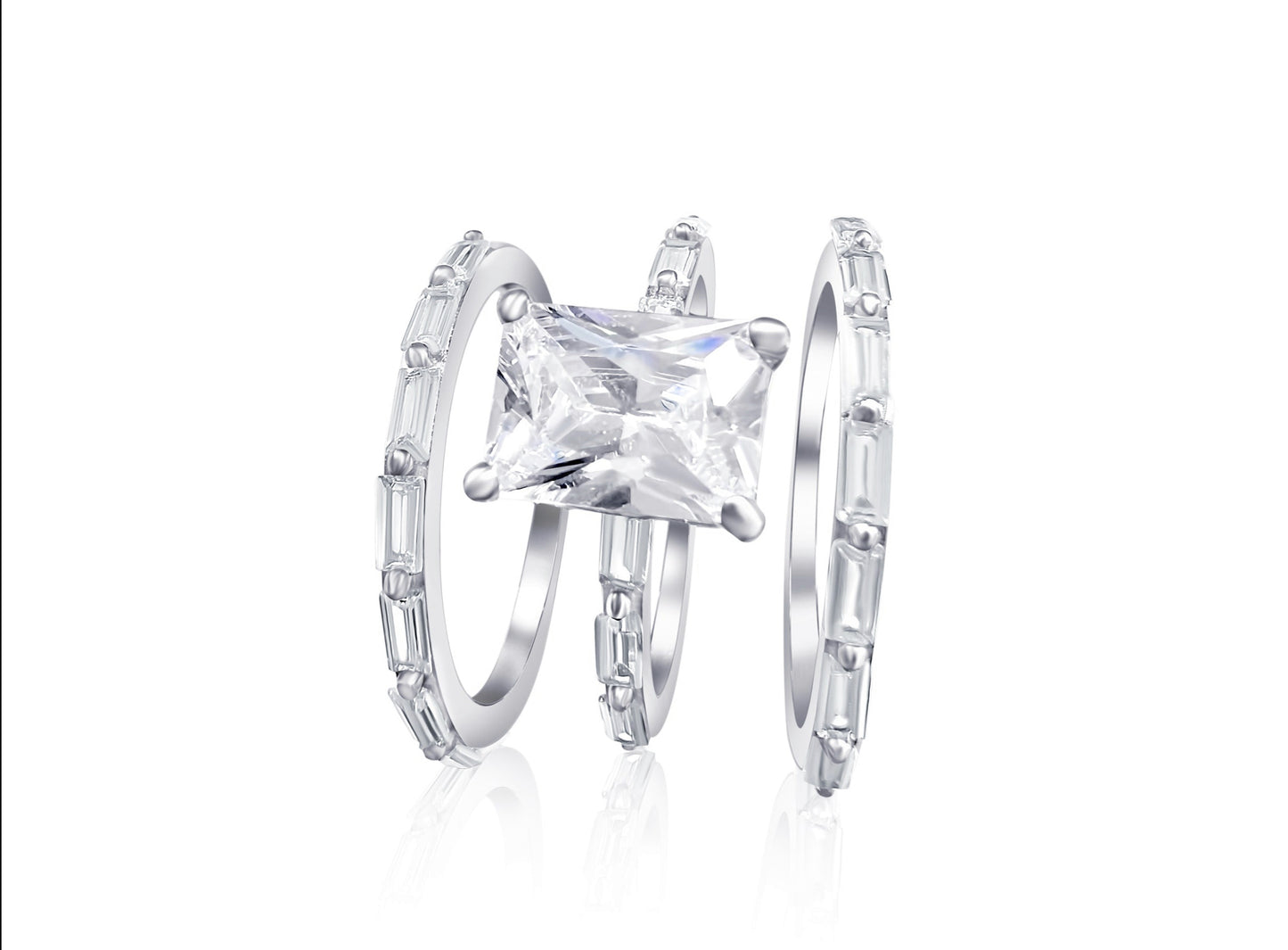925 Sterling Silver Emerald Cut Diamond 3 Piece Stackable Ring Set