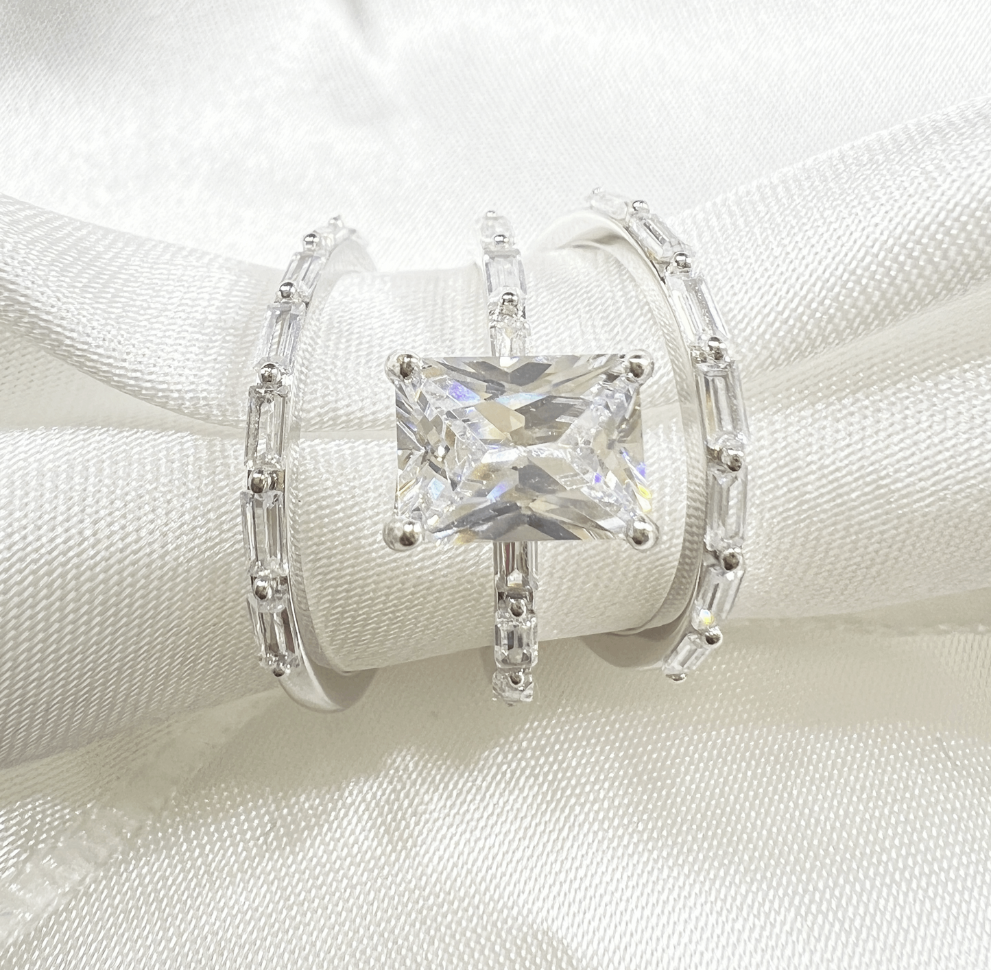 925 Sterling Silver Emerald Cut Diamond 3 Piece Stackable Ring Set