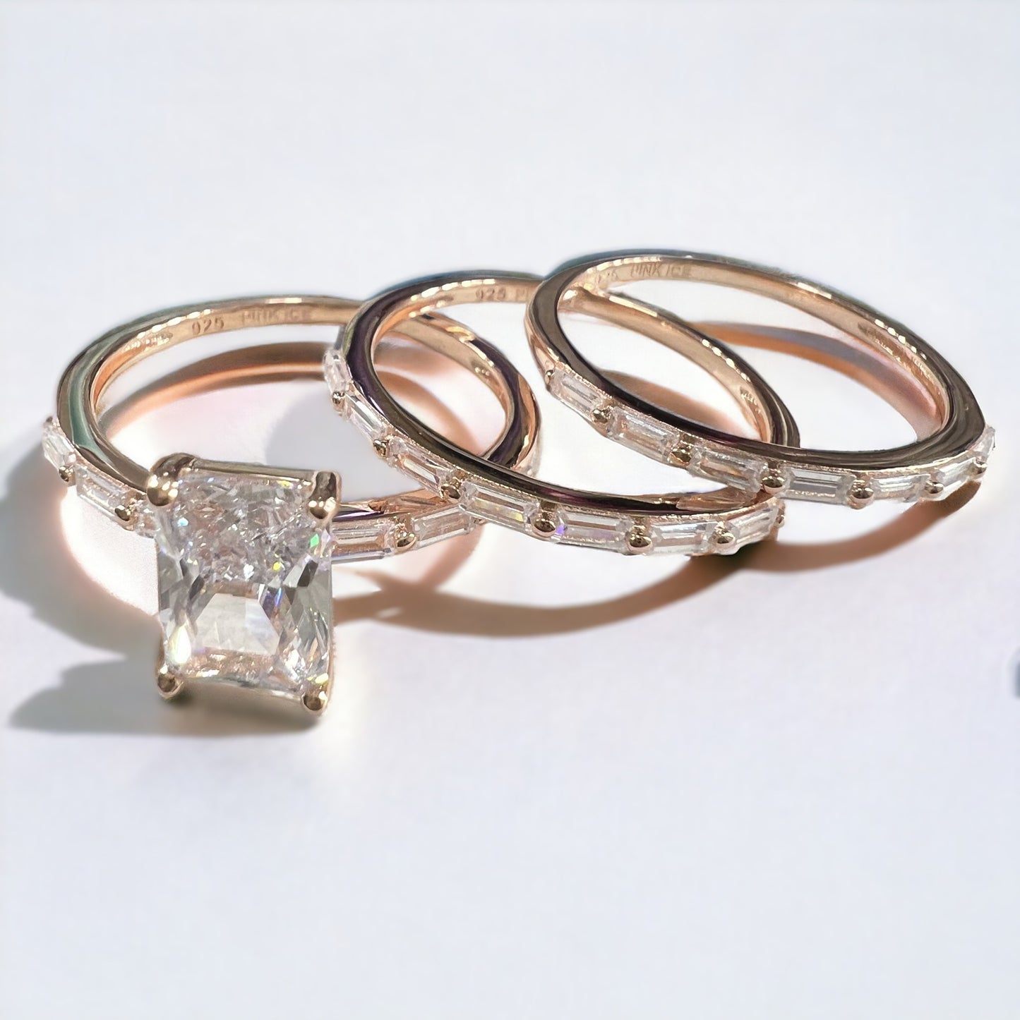 925 Sterling Silver Emerald Cut Diamond 3 Piece Stackable Ring Set on Rose Gold