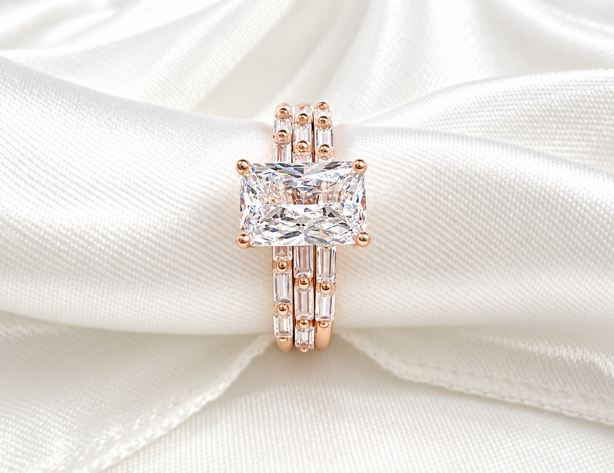 925 Sterling Silver Emerald Cut Diamond 3 Piece Stackable Ring Set on Rose Gold