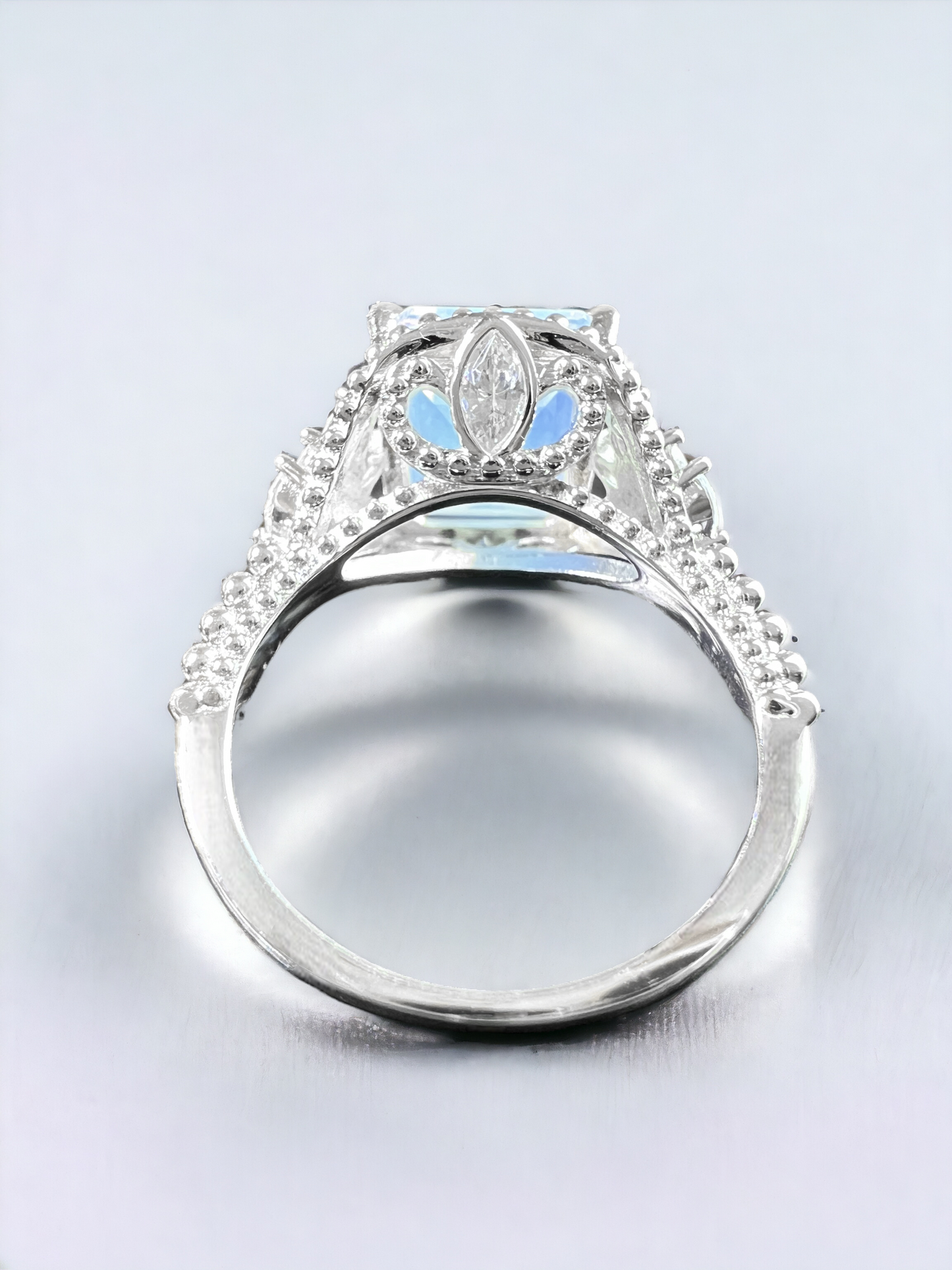 *PRE-ORDER - 925 Sterling Silver Emerald Cut White Moonstone Beaded Shank Ring