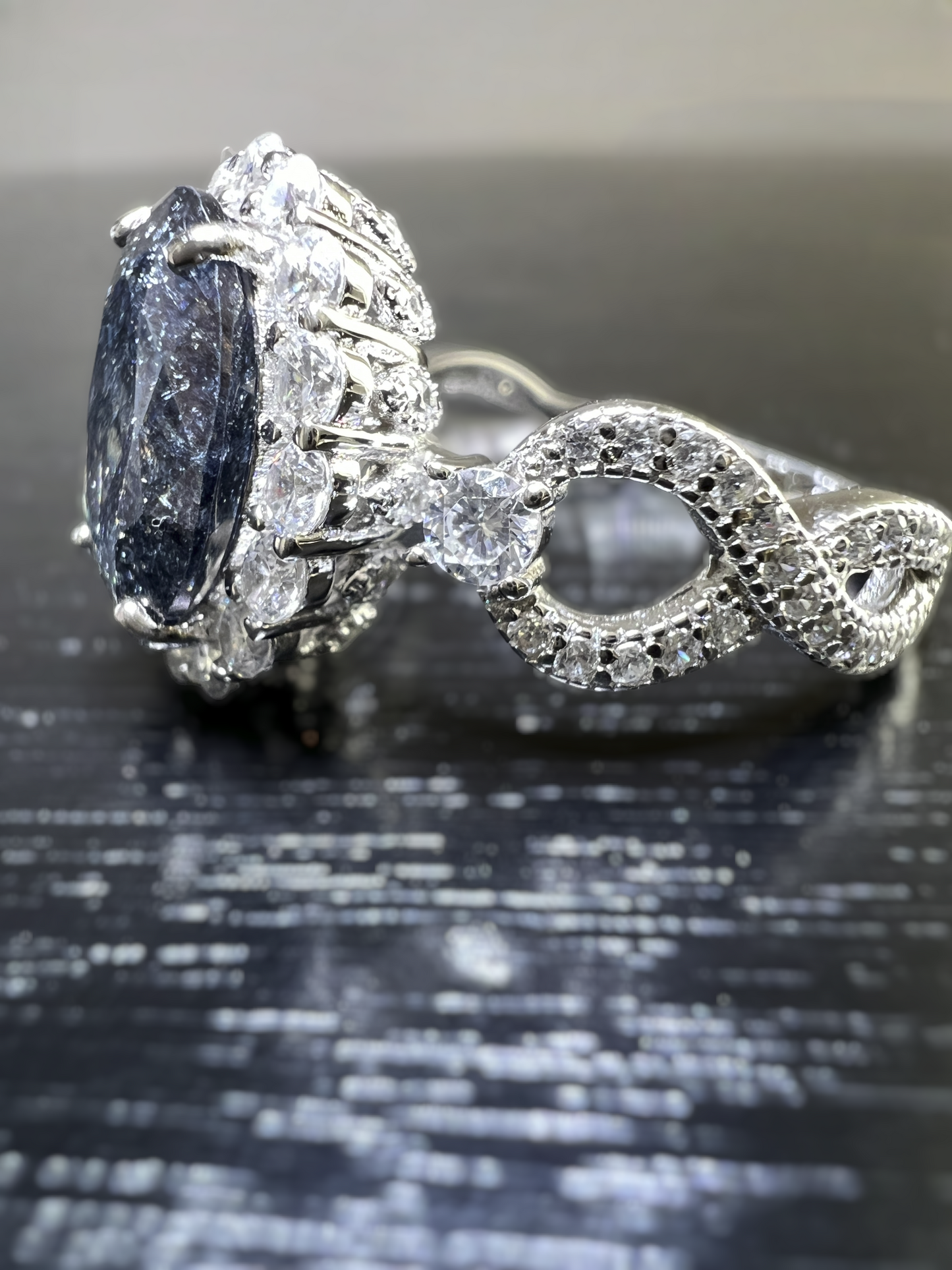 925 Sterling Silver Infinity Oval Cut Black Ice & Diamond Cubic Zirconia Ring