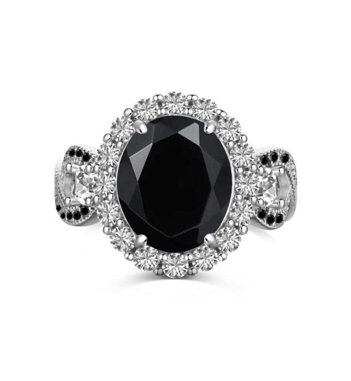 925 Sterling Silver Infinity Oval Cut Black Onyx & Diamond CZ Ring