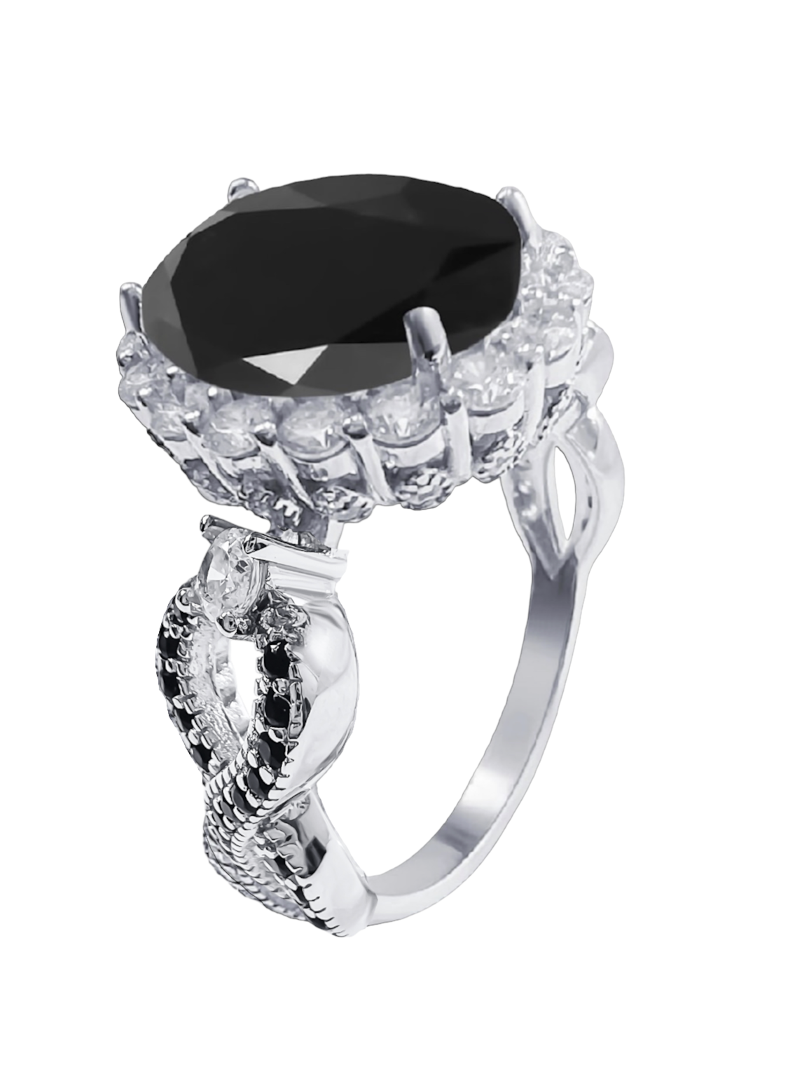 925 Sterling Silver Infinity Oval Cut Black Onyx & Diamond CZ Ring