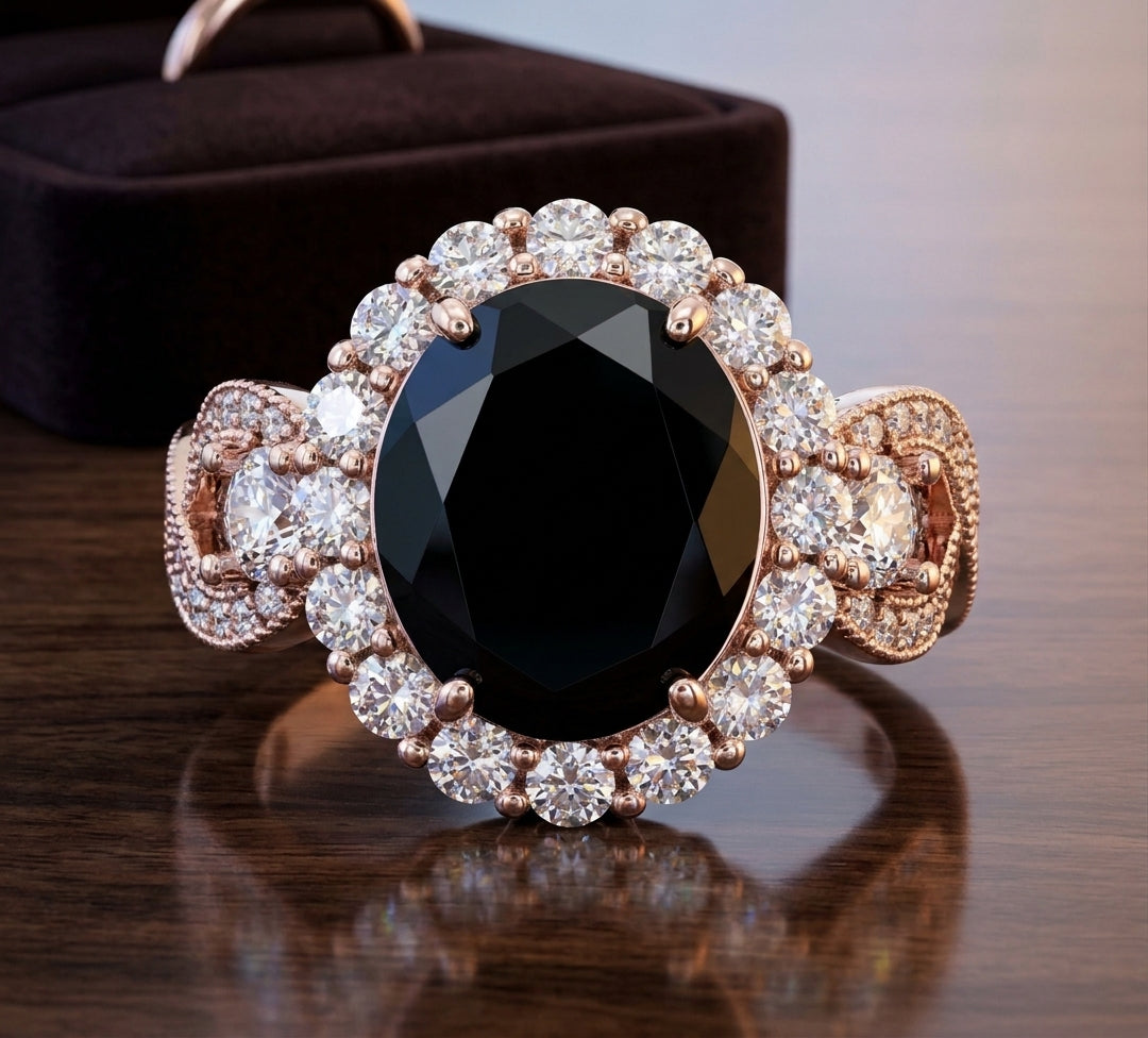 *PRE-ORDER - 925 Sterling Silver Infinity Oval Cut Black Onyx & Diamond Cubic Zirconia Ring in Rose Gold - CS