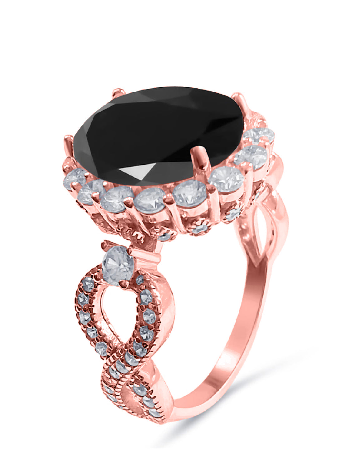 925 Sterling Silver Infinity Oval Cut Black Onyx & Diamond Cubic Zirconia Ring in Rose Gold - CS