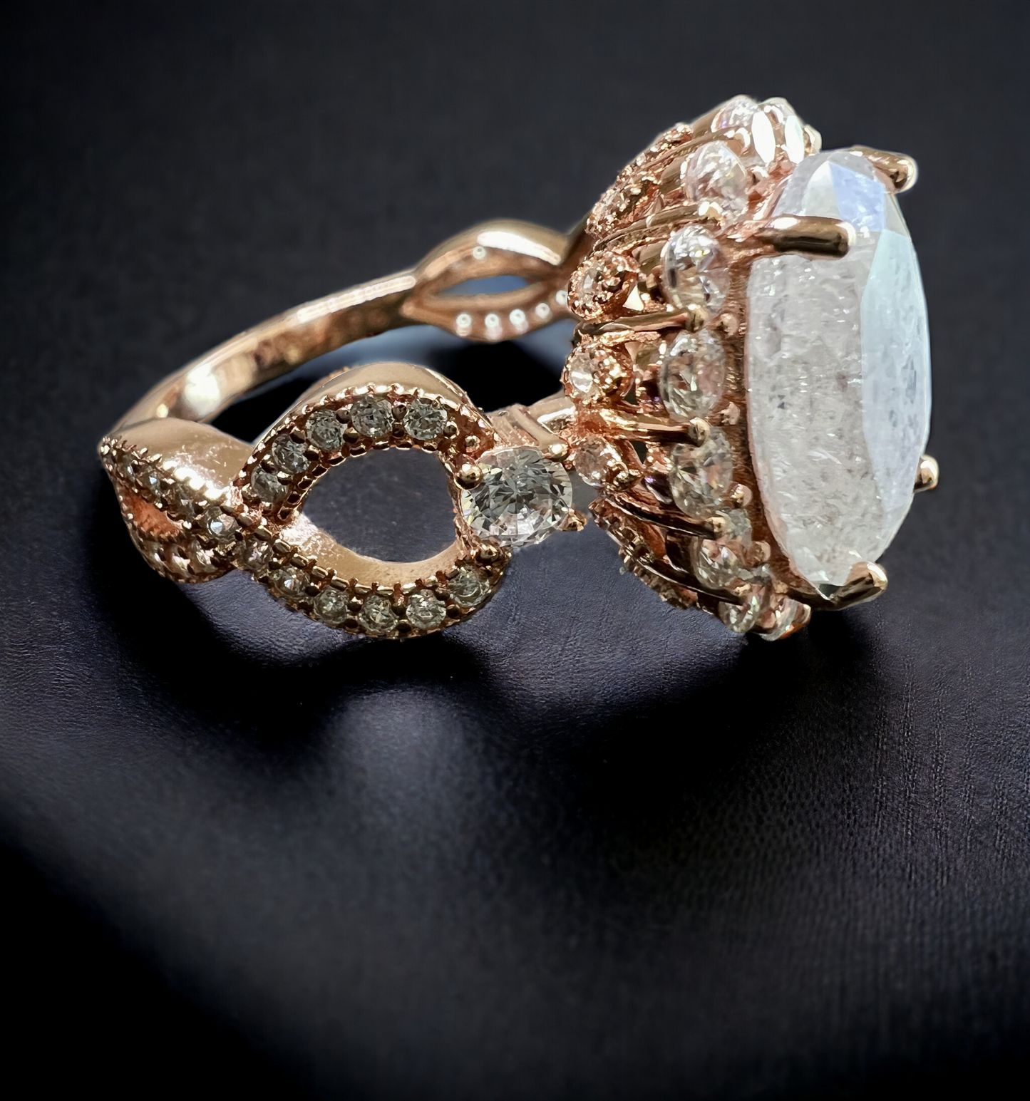 925 Sterling Silver Infinity Oval Cut White Ice & Diamond CZ Ring on Rose Gold