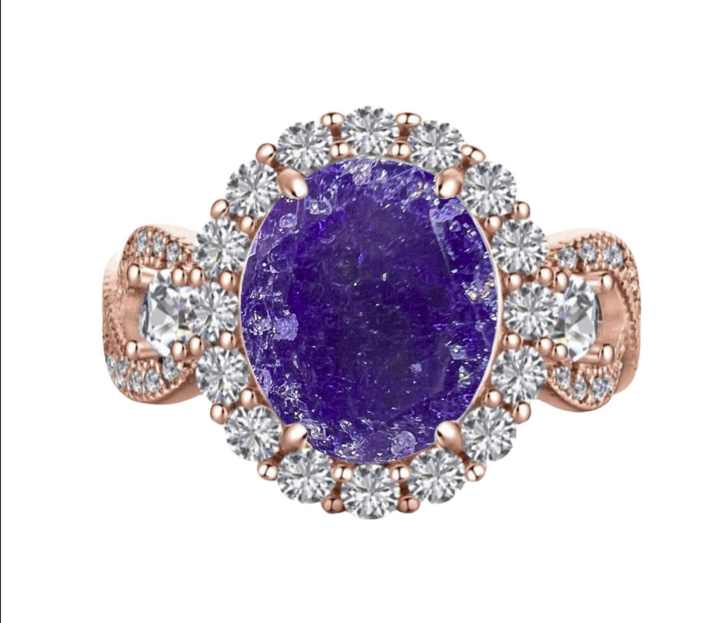 925 Sterling Silver Infinity Oval Cut Dark Amethyst Ice & Diamond CZ Ring on Rose Gold