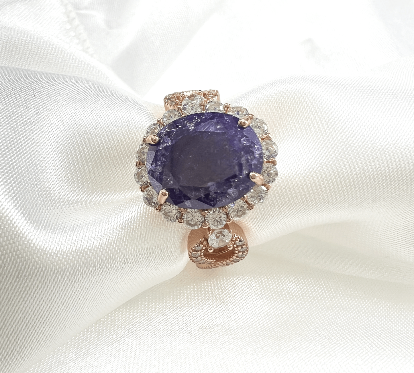 925 Sterling Silver Infinity Oval Cut Dark Amethyst Ice & Diamond CZ Ring on Rose Gold