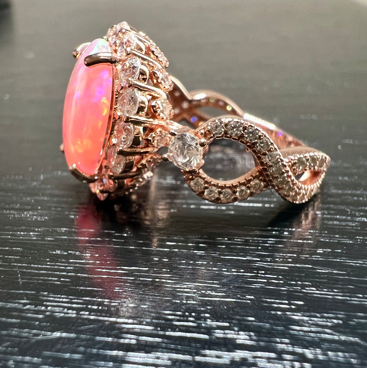 925 Sterling Silver Infinity Oval Cut Lab-Grown Semi Transparant Pink Opal & Diamond CZ - Rose Gold Plated
