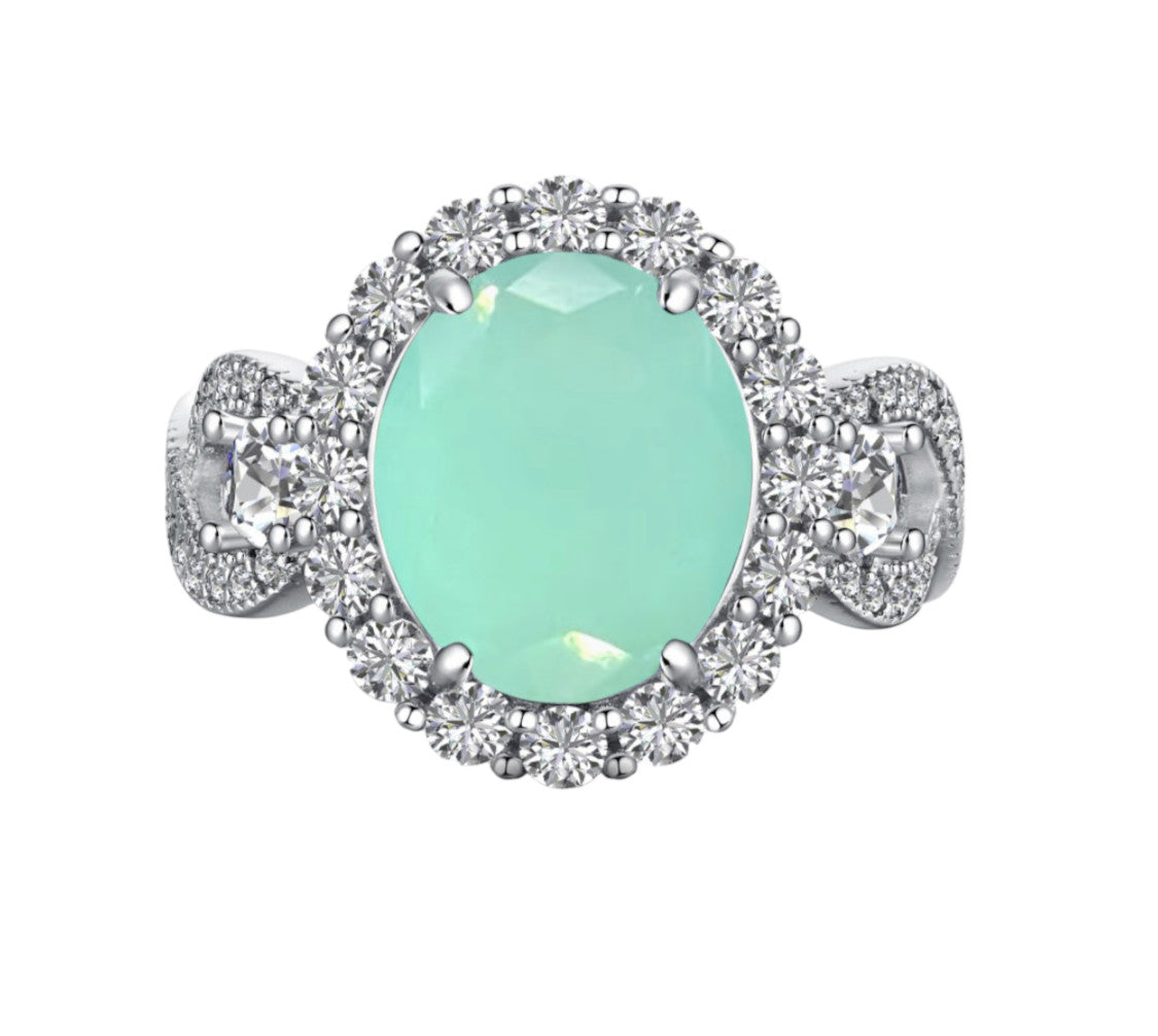 925 Sterling Silver Infinity Oval Cut Milky Aqua & Diamond CZ Ring (Rhodium or Rose Gold)