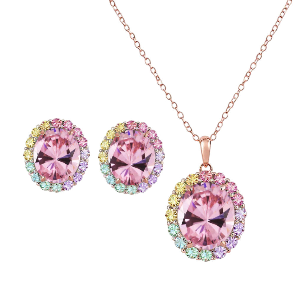 925 Sterling Silver Infinity Oval Cut Pink CZ Necklace & Earrings Set (Rhodium or Rose Gold)