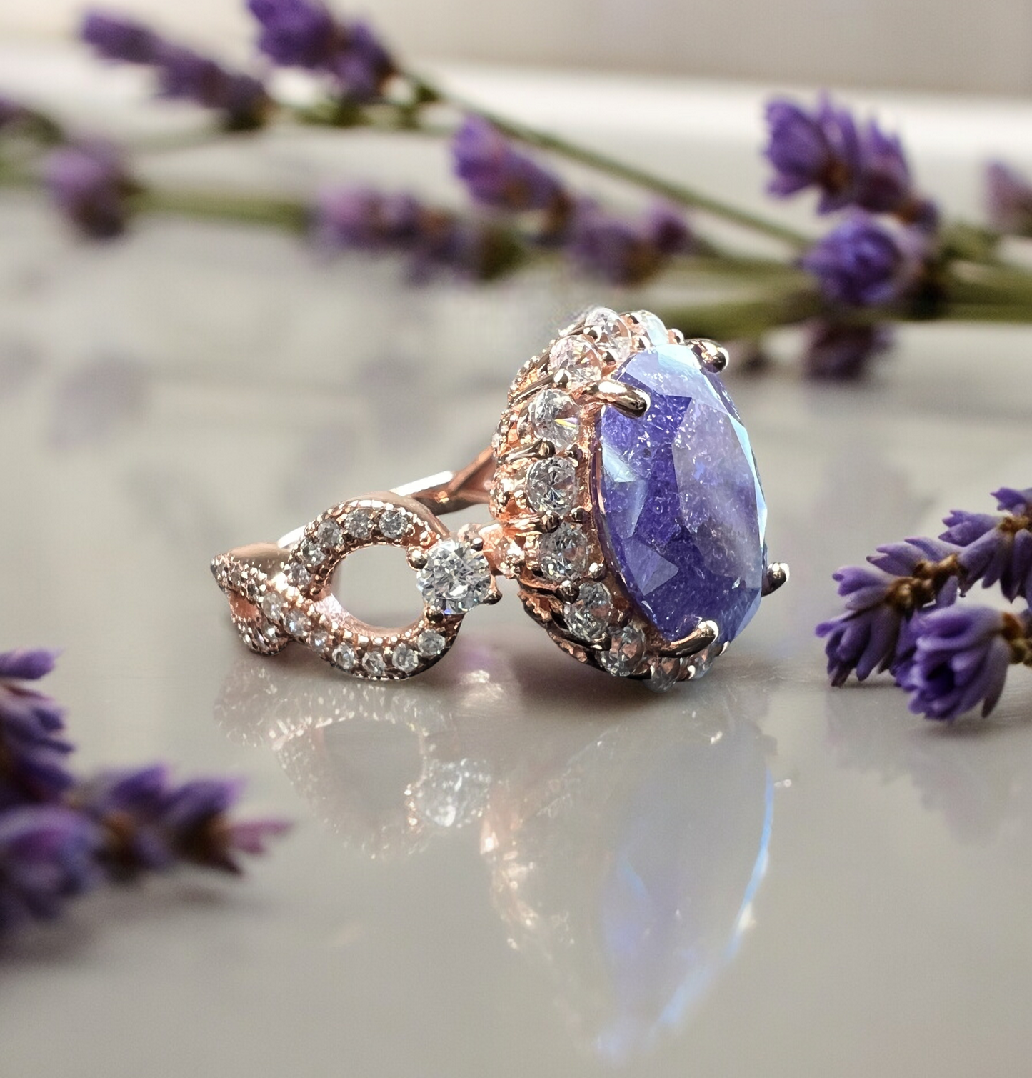925 Sterling Silver Infinity Oval Cut Purple Ice & Diamond CZ Ring on Rose Gold