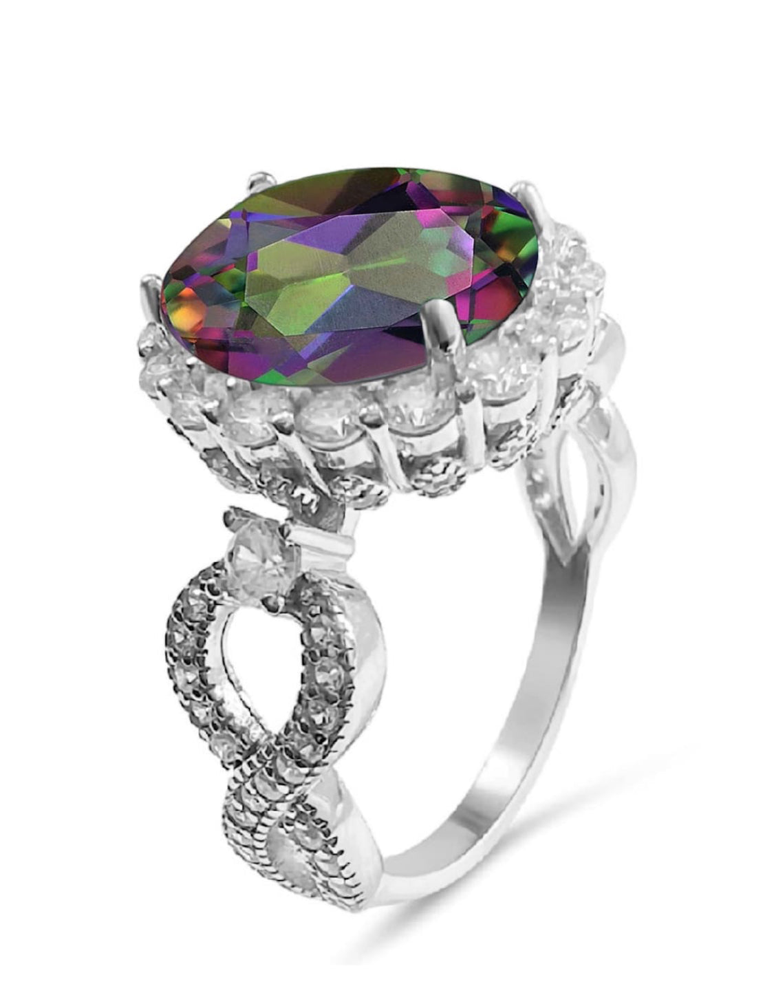 925 Sterling Silver Infinity Oval Cut Rainbow Topaz Ring