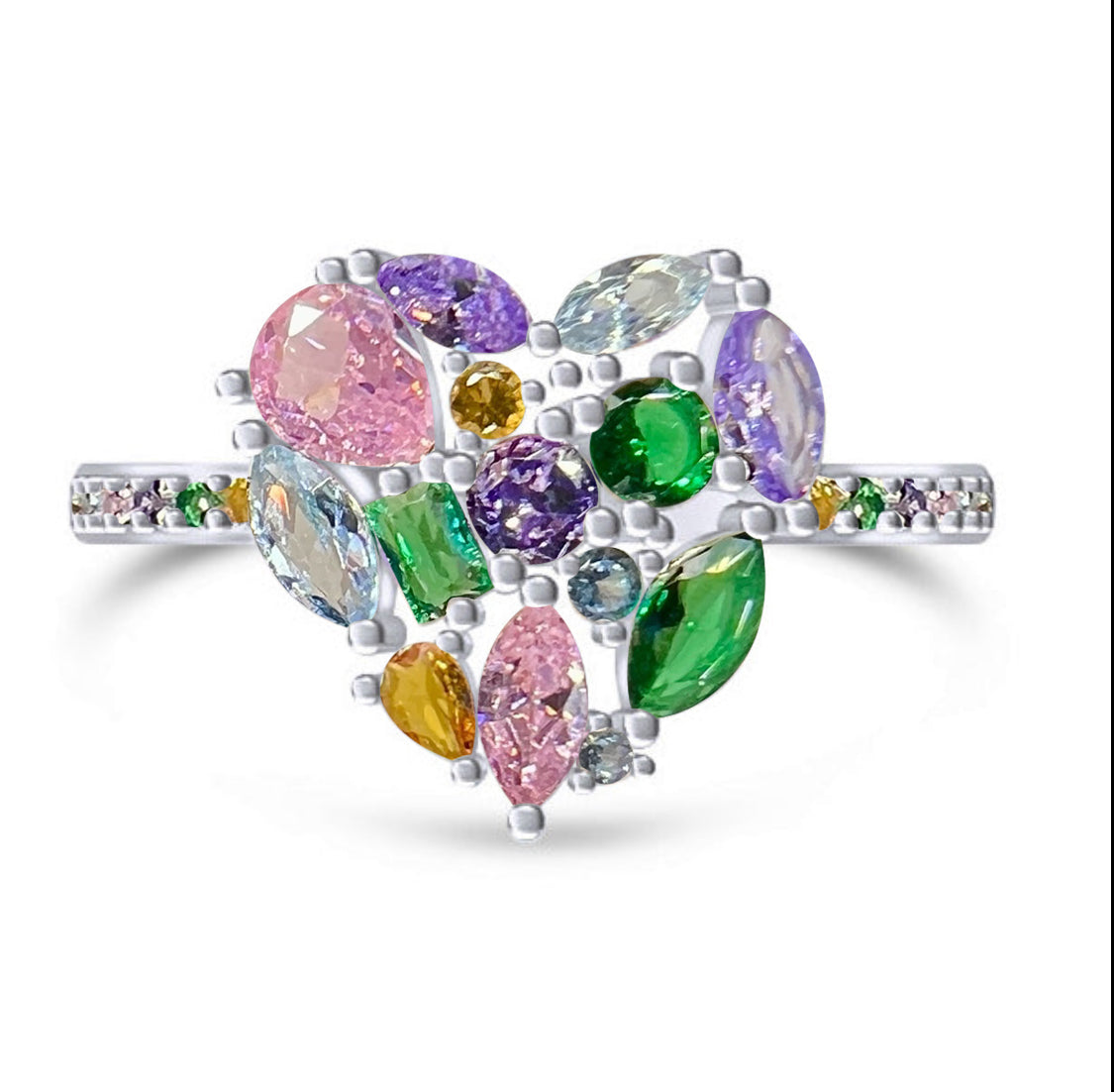 PRE-ORDER - 925 Sterling Silver Multi Color CZ Cluster Heart Ring on Rhodium or Rose Gold