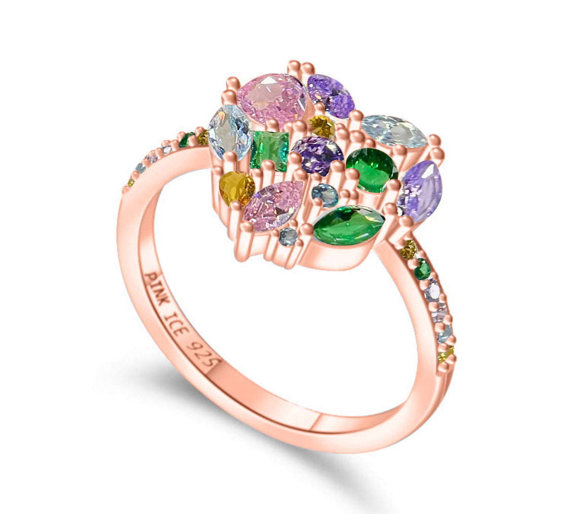 PRE-ORDER - 925 Sterling Silver Multi Color CZ Cluster Heart Ring on Rhodium or Rose Gold