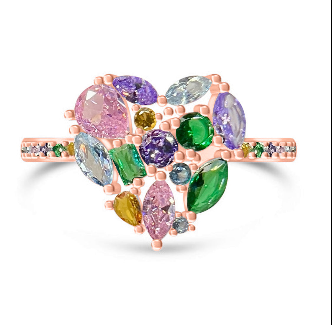 PRE-ORDER - 925 Sterling Silver Multi Color CZ Cluster Heart Ring on Rhodium or Rose Gold