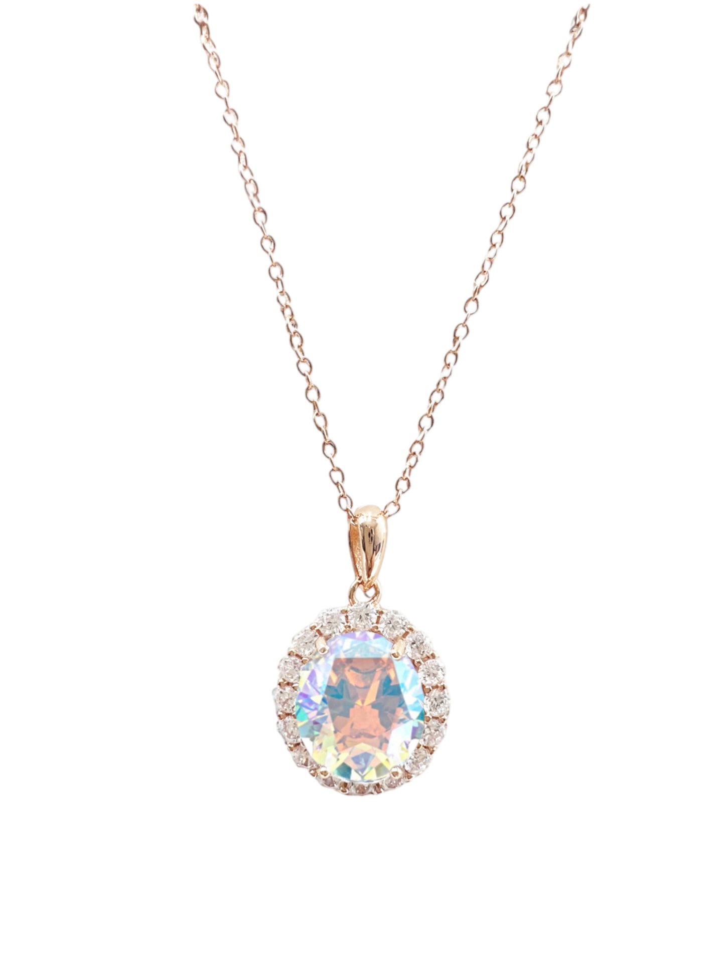 925 Sterling Silver Oval Cut AB CZ Halo Pendant Necklace on Rose Gold